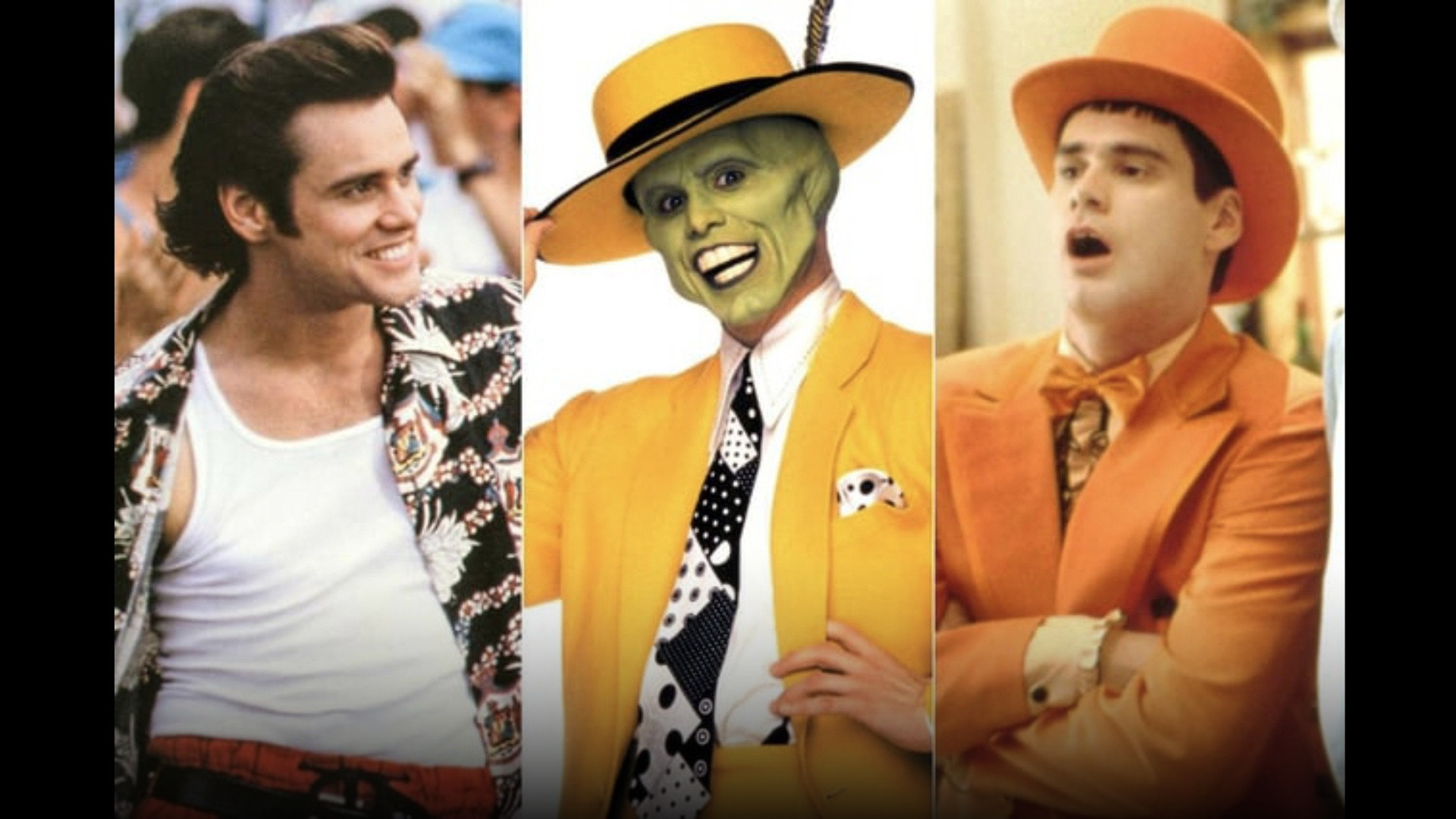 Jim Carrey as pet detective Ace Ventura with his signature pompadour hair and loud Hawaiian shirt grinning wildly.