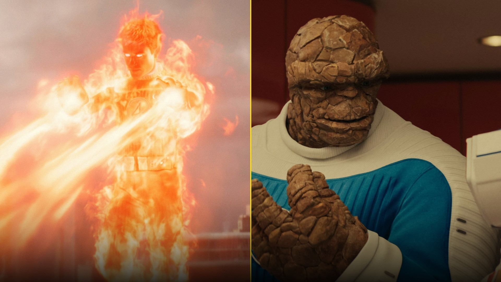 50/50 split showing Joseph Quinn blazing as Human Torch on the left and Ebon Moss-Bachrach as The Thing on the right.