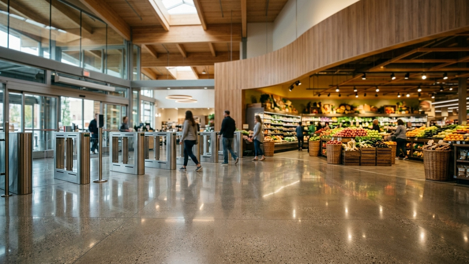 Modern supermarket entry gate with sleek metal barrier funneling walking traffic to the right.