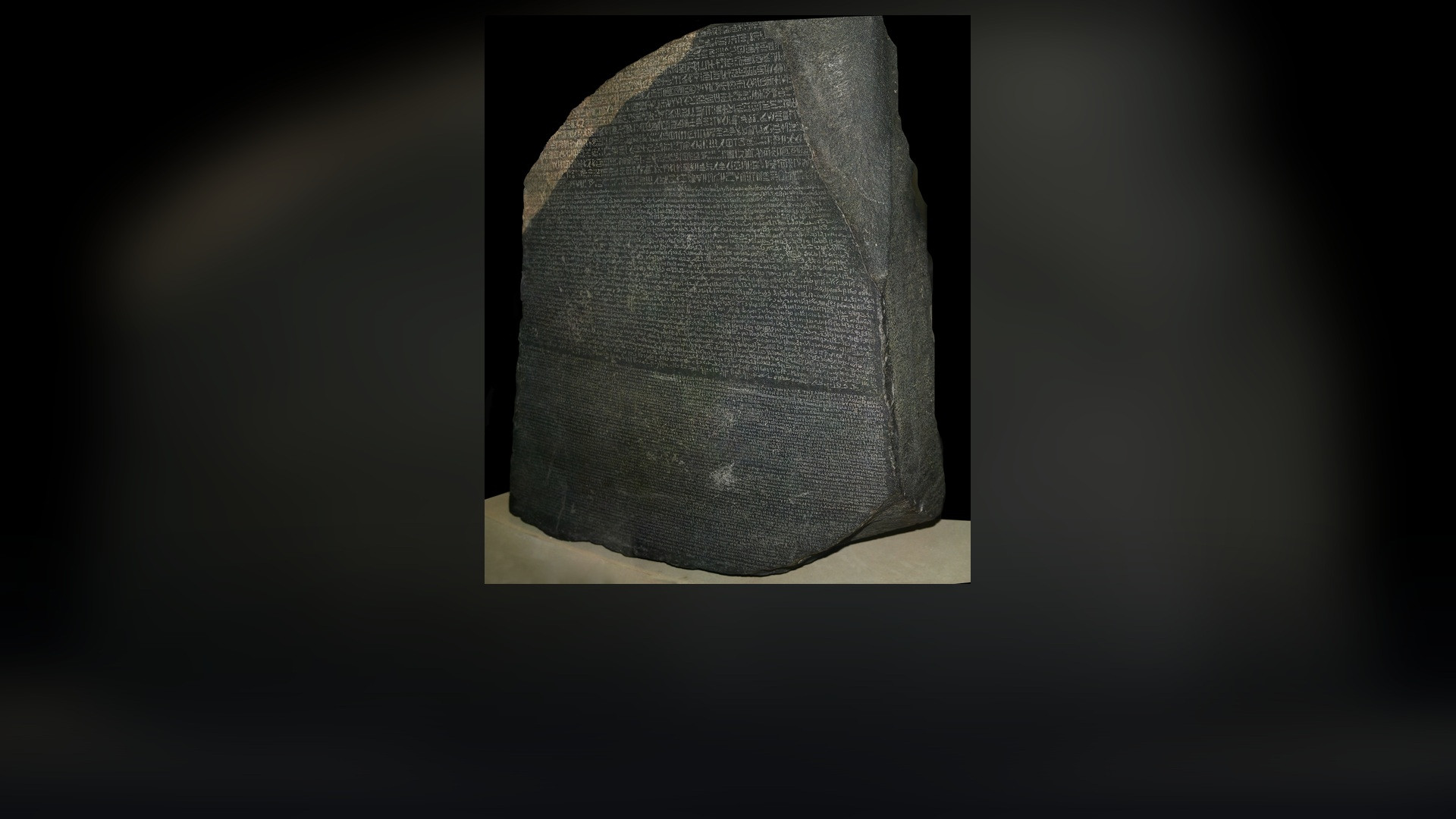 The Rosetta Stone granodiorite stele inscribed in three scripts at the British Museum.
