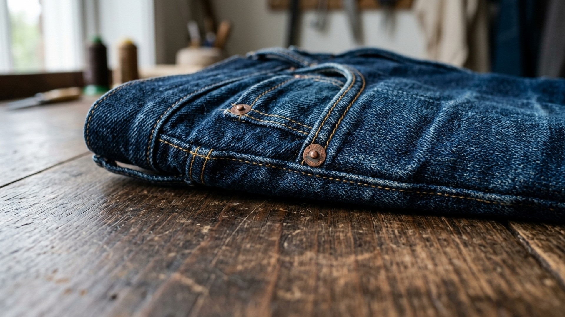Macro close-up of blue denim jeans pocket showing the circular copper rivet and yellow contrast stitching.