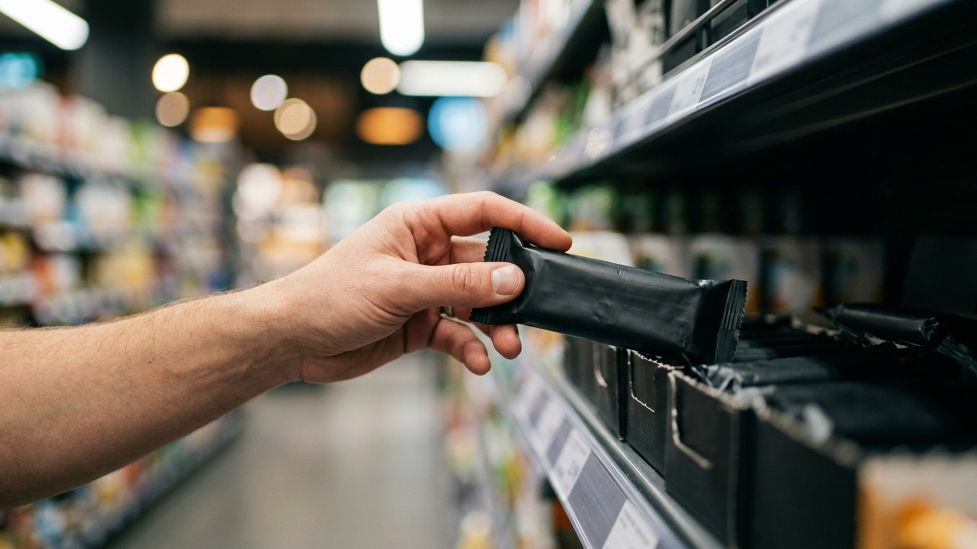 Close-up of a hand selecting an unbranded chocolate snack bar from a grocery store shelf.