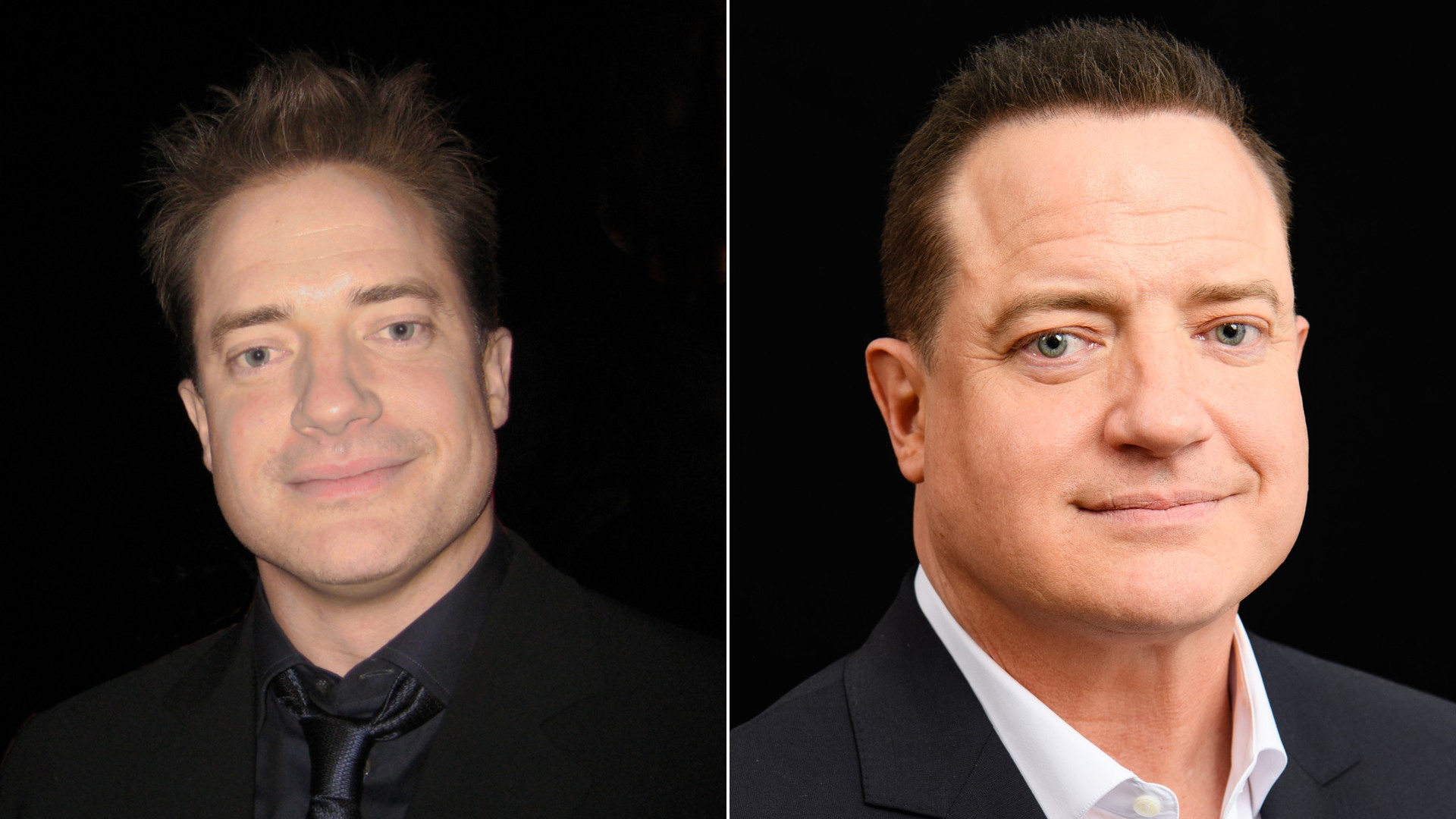 50/50 split comparison of Brendan Fraser in his 1990s action prime and during his Oscar comeback