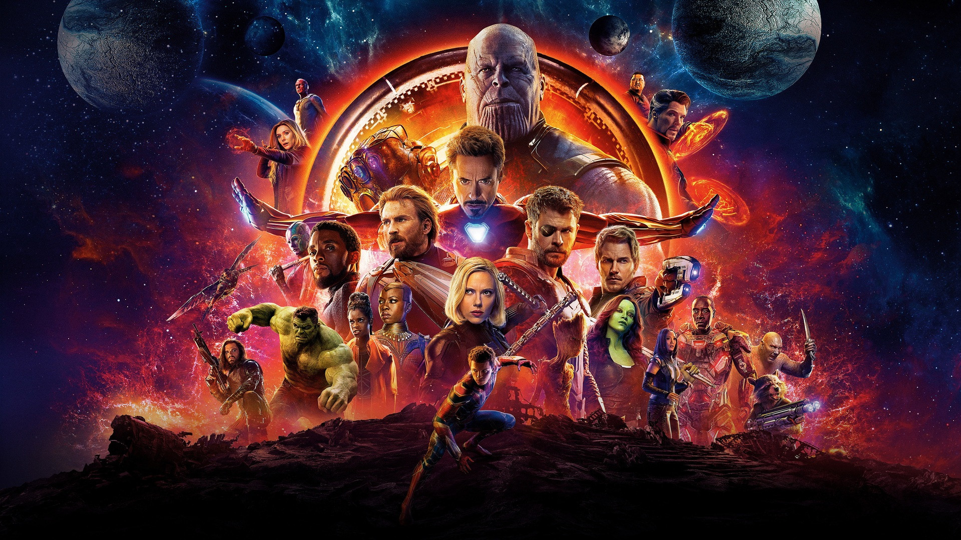 Thanos wearing the Infinity Gauntlet surrounded by cosmic space dust.