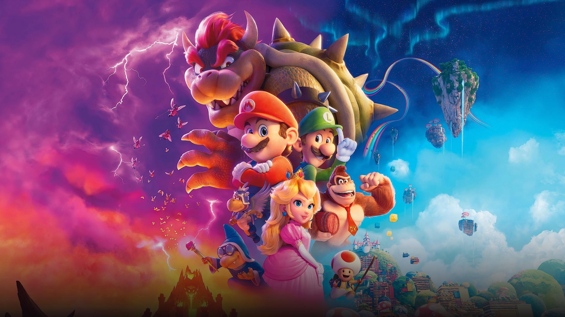 Mario, Luigi, and Princess Rosalina racing across colorful glowing starways in the cosmos.