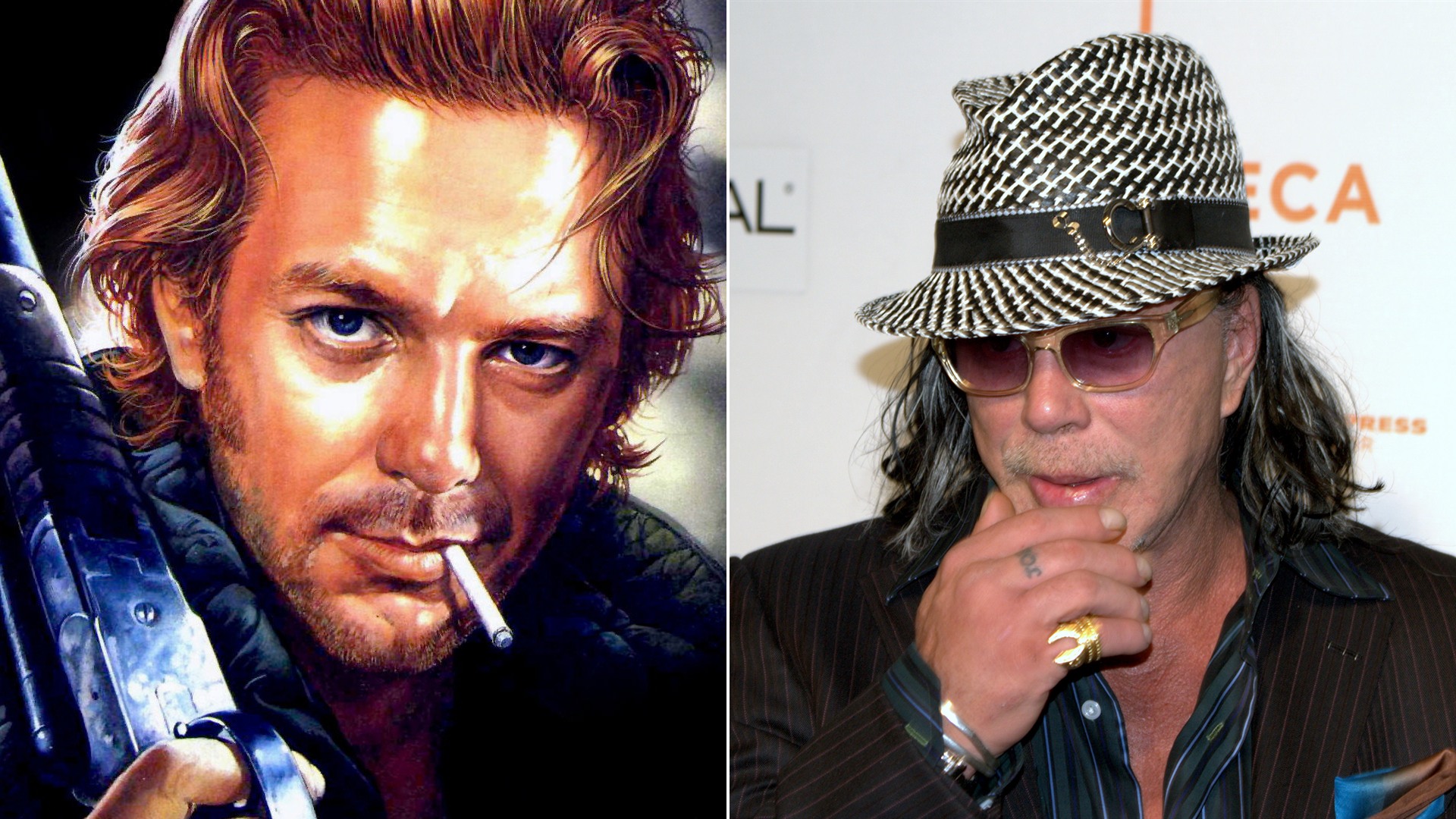 50/50 split comparison of Mickey Rourke earlier in his career and at Venice in 2009