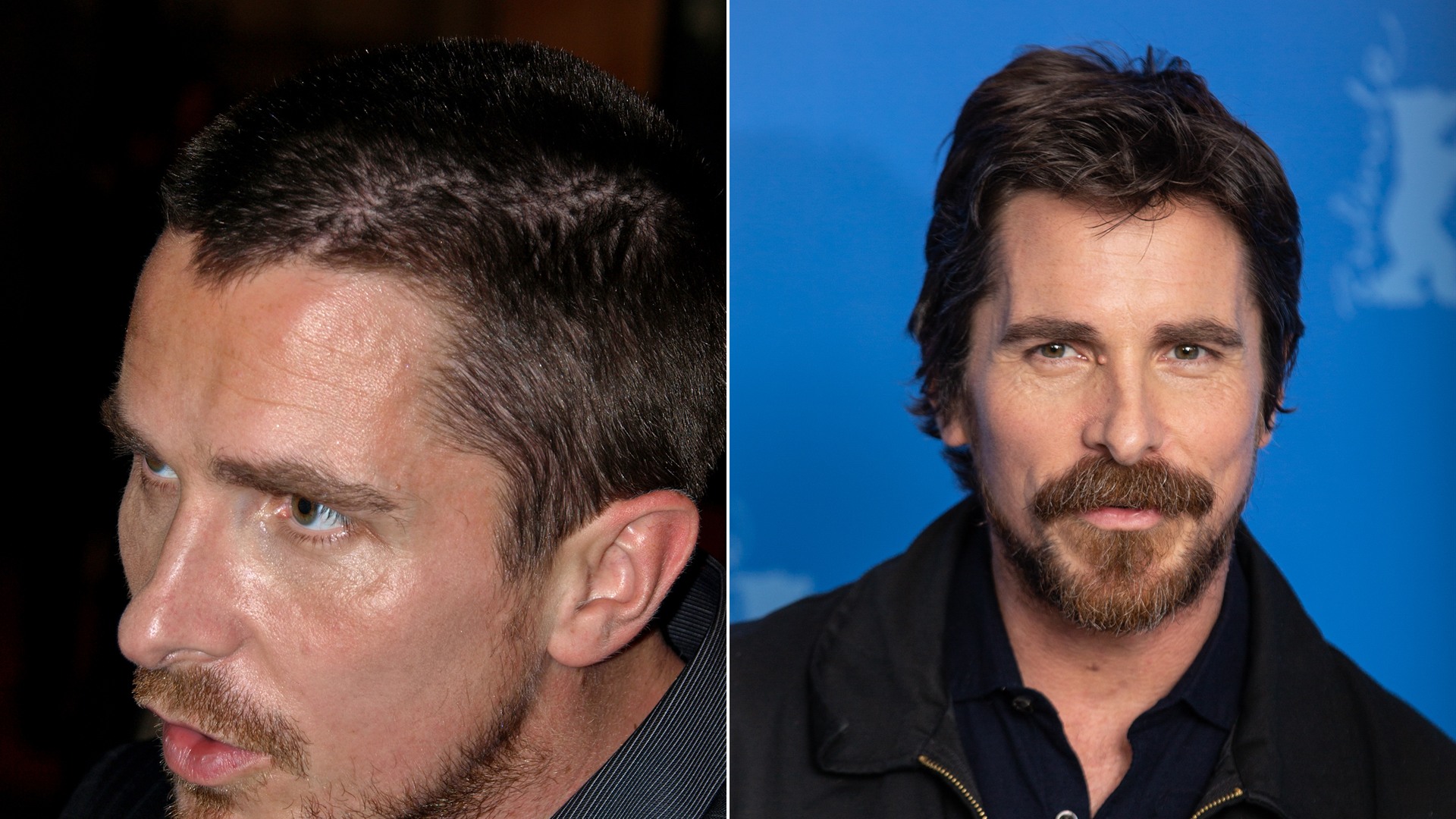 50/50 split comparison of Christian Bale in 2008 and 2019