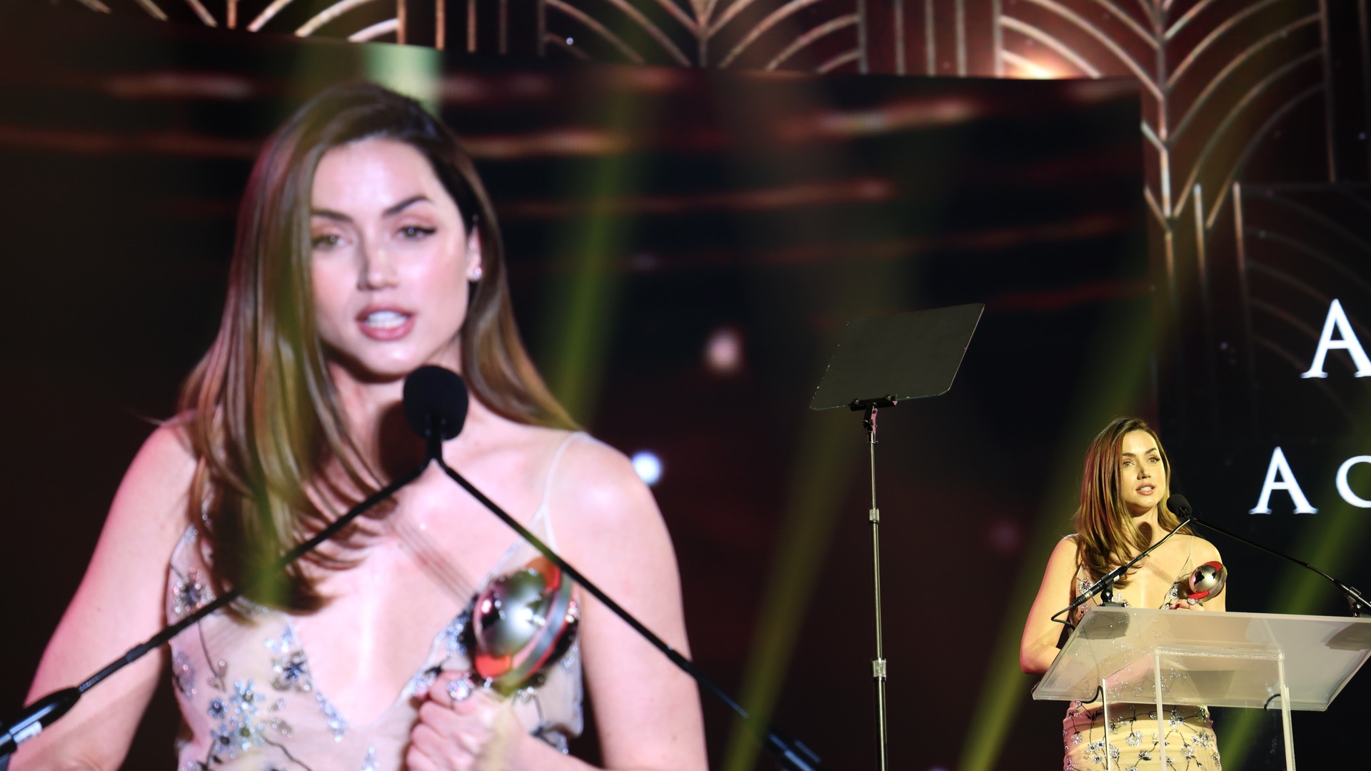 Cuban-Spanish actress Ana de Armas on stage speaking at CinemaCon.