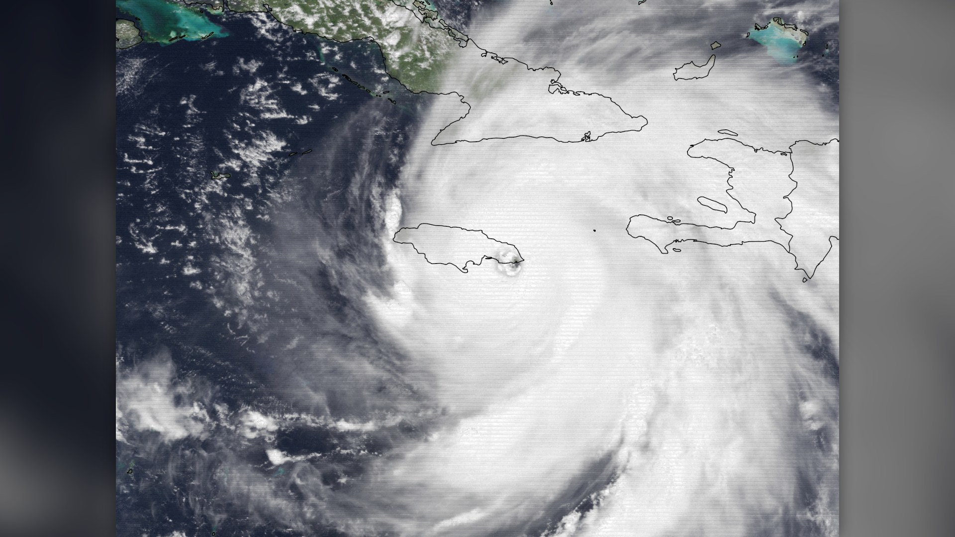 NOAA GOES-7 satellite capture of Hurricane Gilbert in the Caribbean Sea in September 1988.