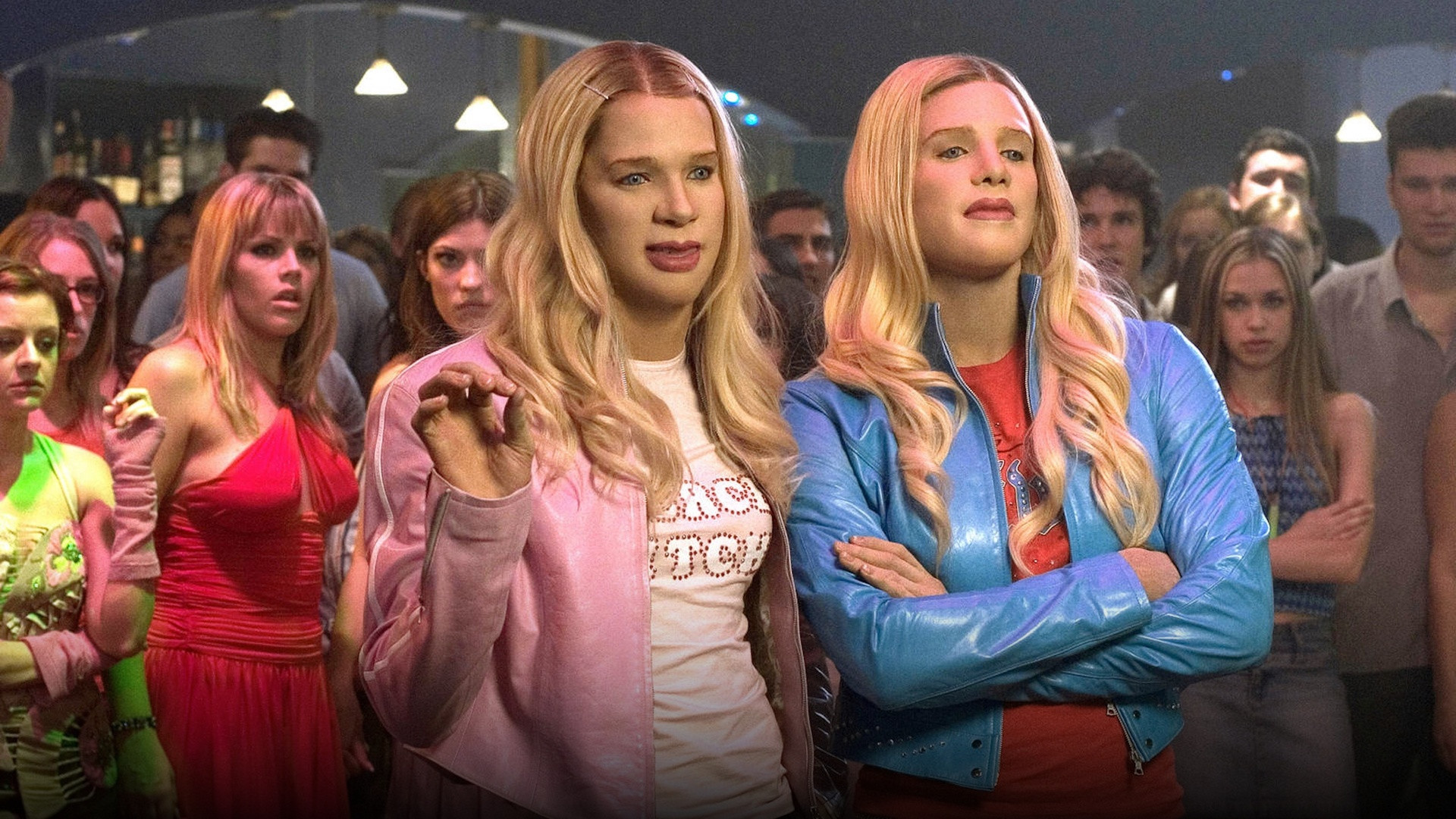 Shawn and Marlon Wayans disguised in heavy prosthetic makeup as blonde socialites Brittany and Tiffany Wilson in White Chicks.
