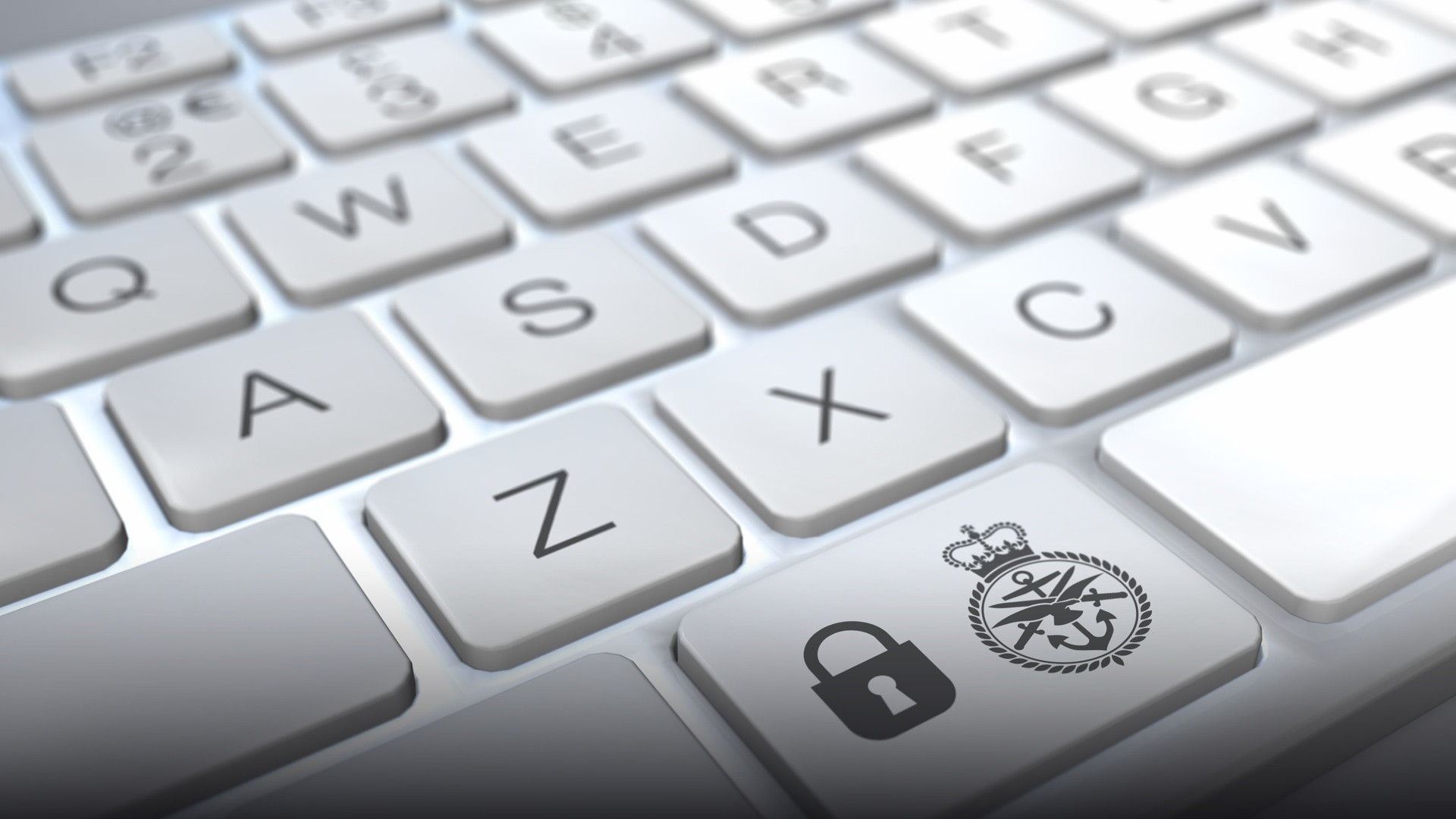 Close-up macro of a keyboard key engraved with a secure lock icon highlighting cybersecurity defense.