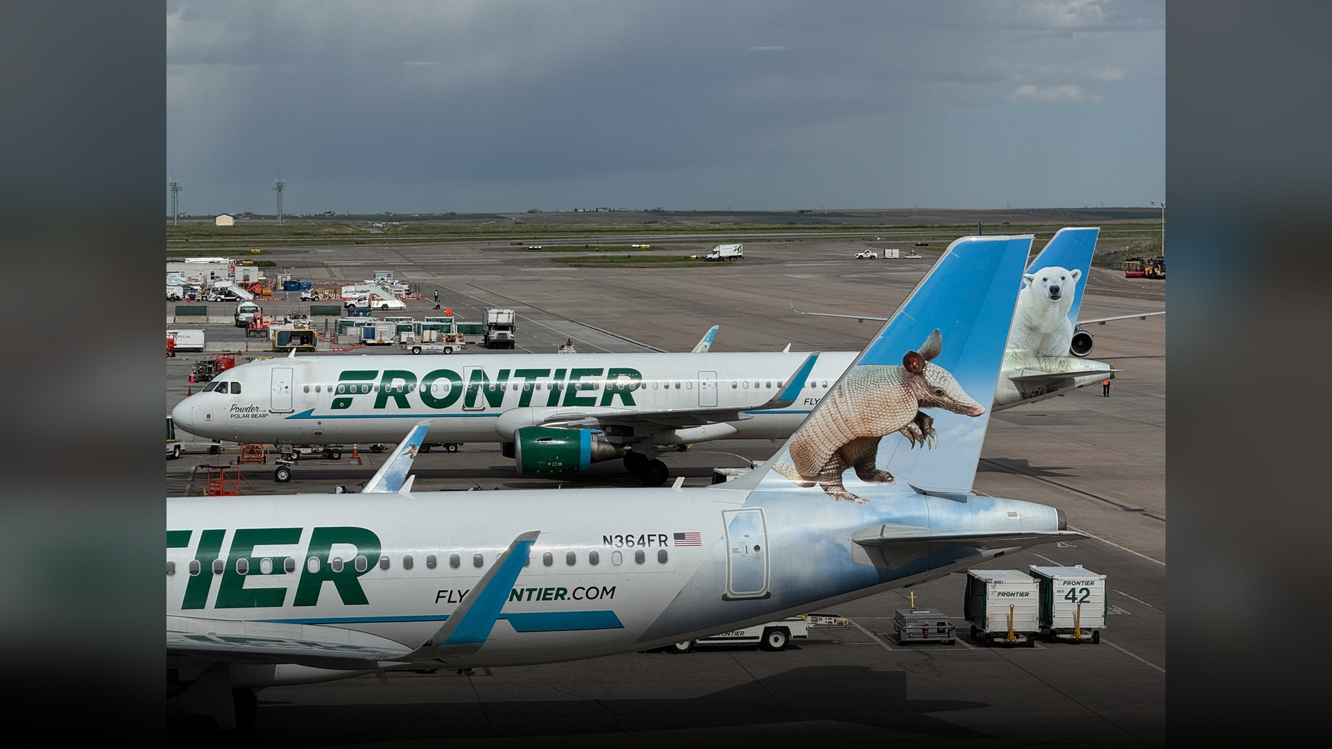 Commercial passenger aircraft parked at the terminal gates at Denver International Airport with the terminal tent roof visible.