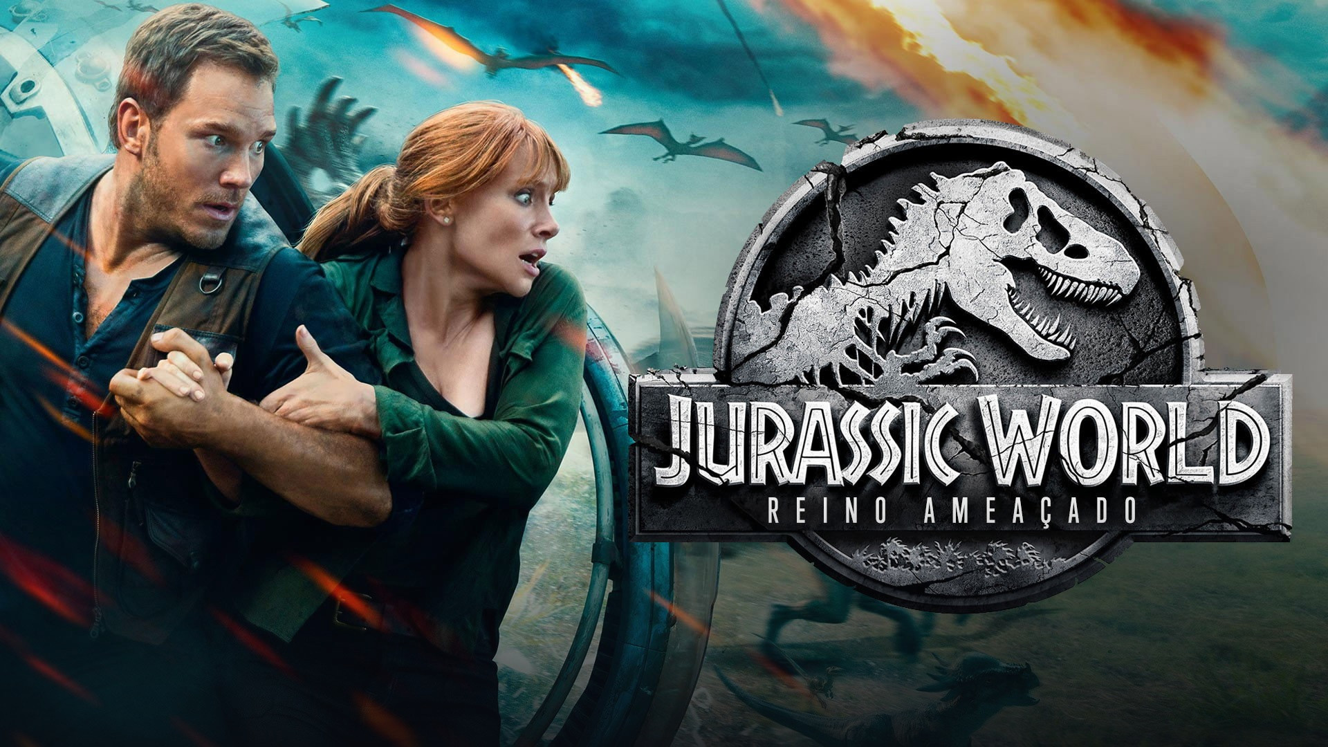 The T-Rex roaring amid volcanic devastation in Jurassic World: Fallen Kingdom.