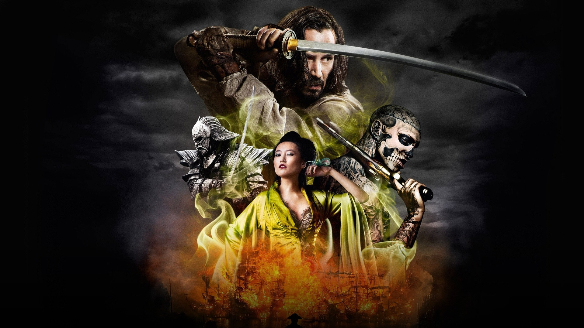 Keanu Reeves wielding a samurai sword flanked by armored warriors in 47 Ronin.