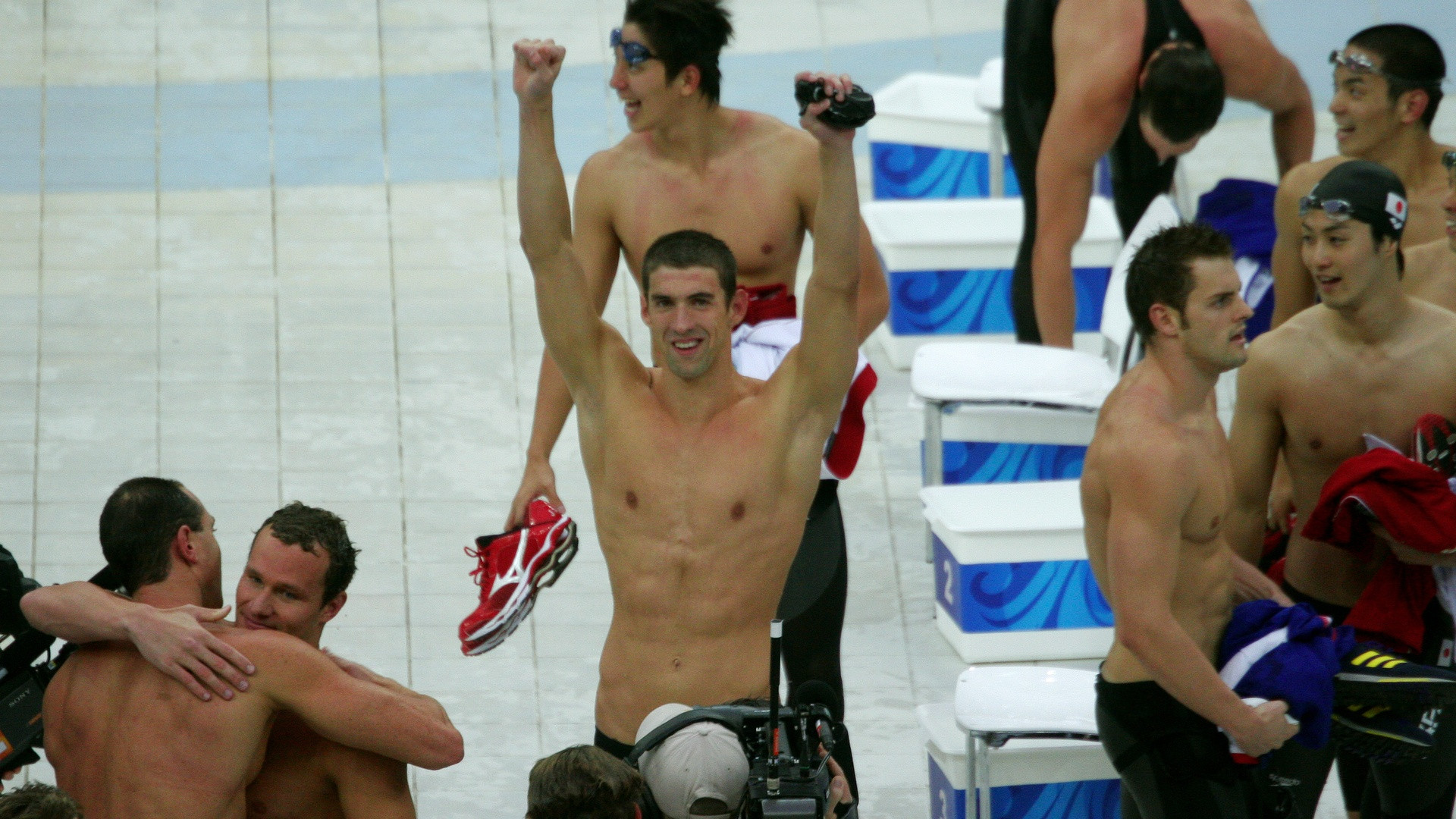 Michael Phelps celebrating his historic eighth gold medal at Beijing 2008.