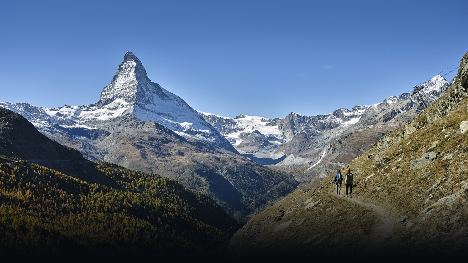 The dramatic snow-capped peak of the Matterhorn rising above lush alpine meadows near Zermatt.