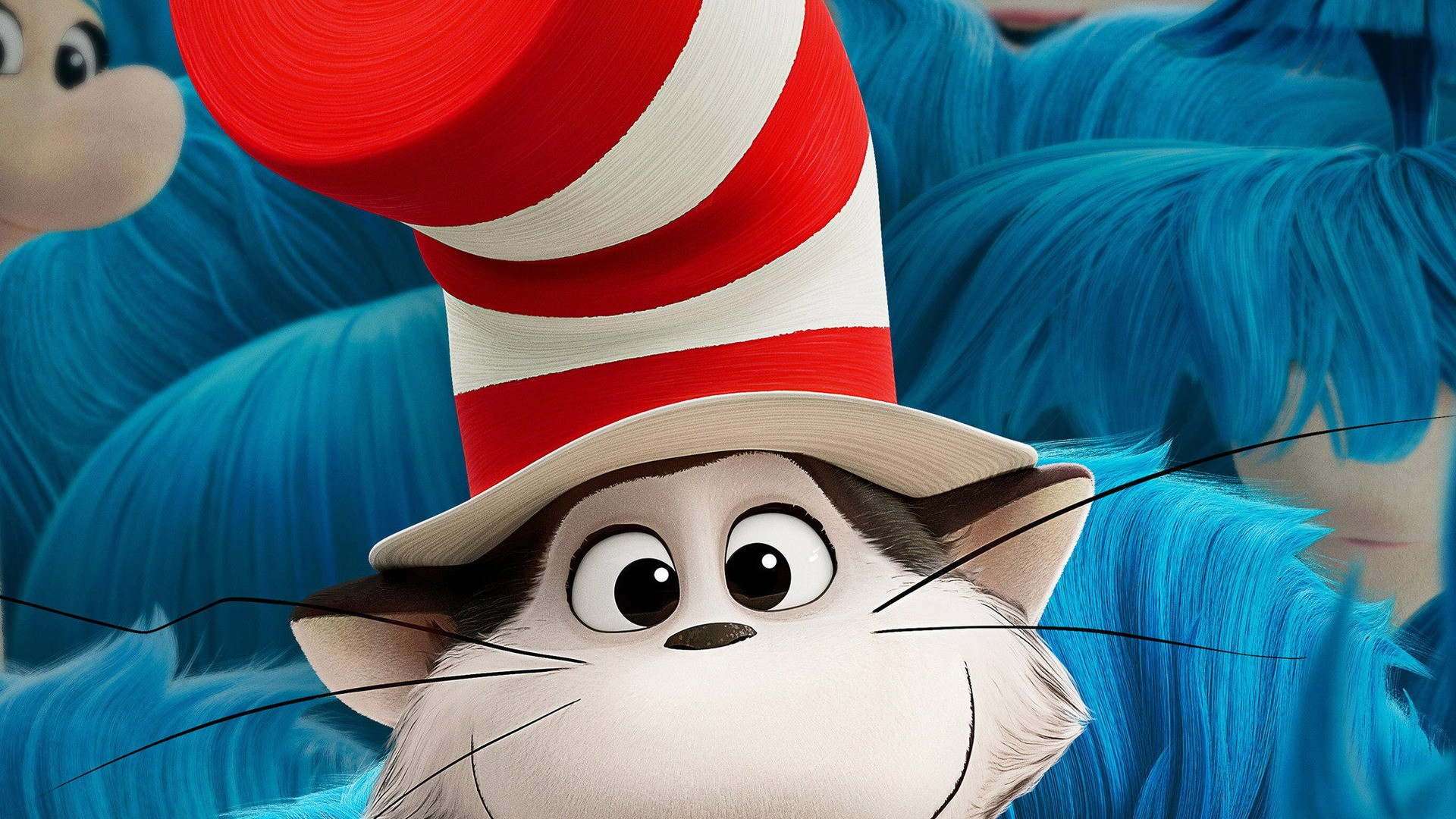 The animated Cat in the Hat smiling mischievously in his iconic red and white striped top hat.
