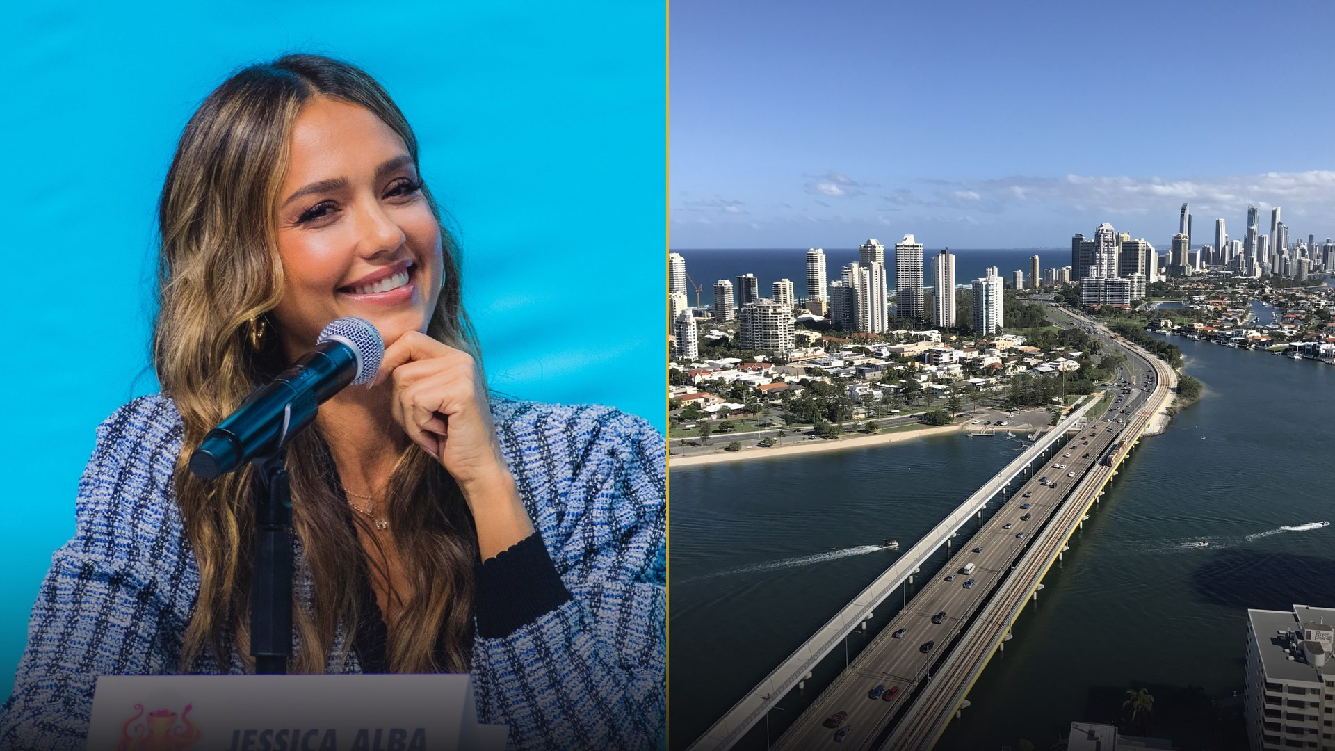 Dramatic portrait of Jessica Alba alongside the coastal skyline of Queensland, Australia.