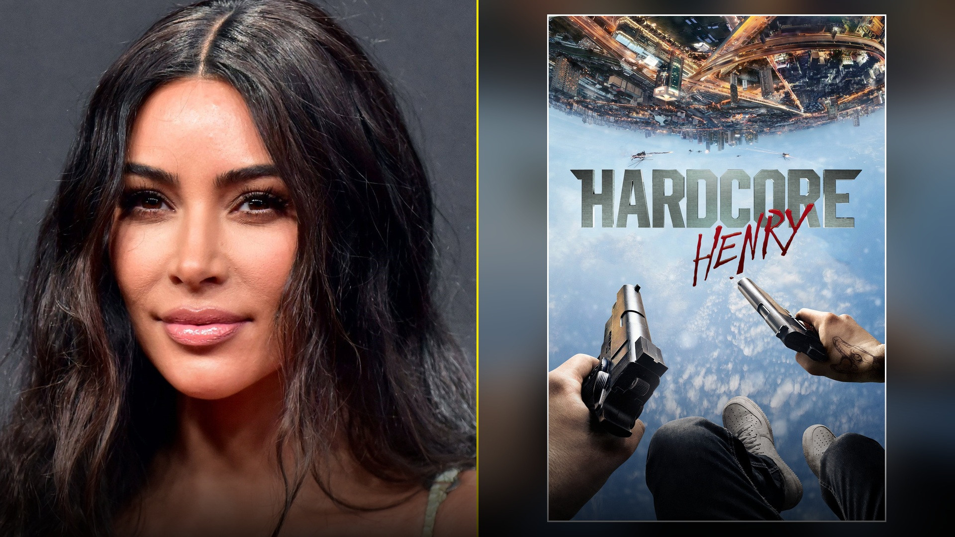 Split slide showing Kim Kardashian in high fashion on the left and the official Zoolander 2 theatrical movie poster on the right.