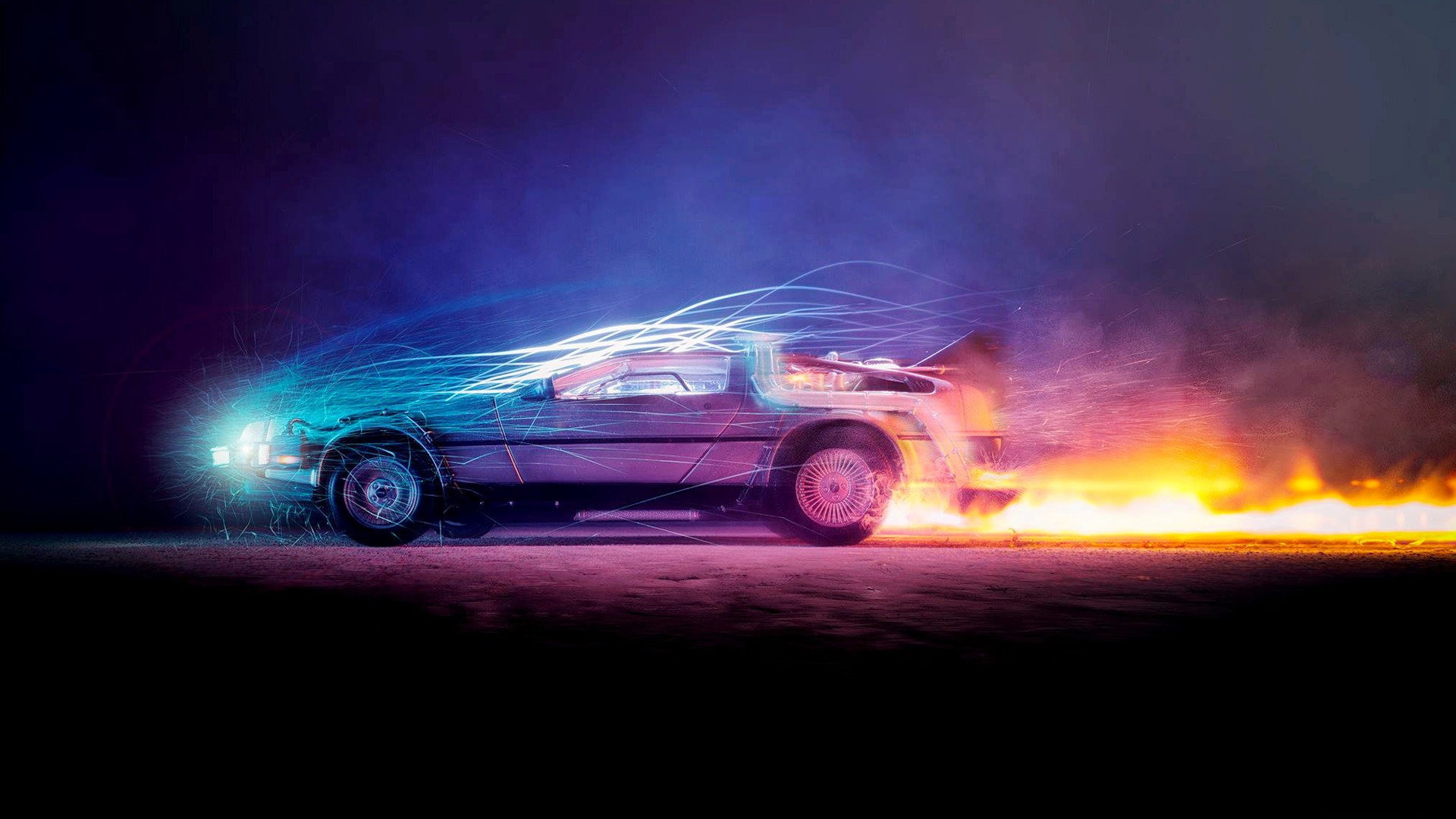 Marty McFly steps out of the gull-wing door of the stainless-steel DeLorean time machine in Back to the Future.