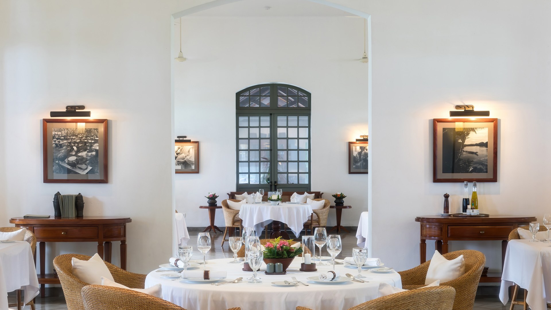 Restaurant table set for dining with formal place settings