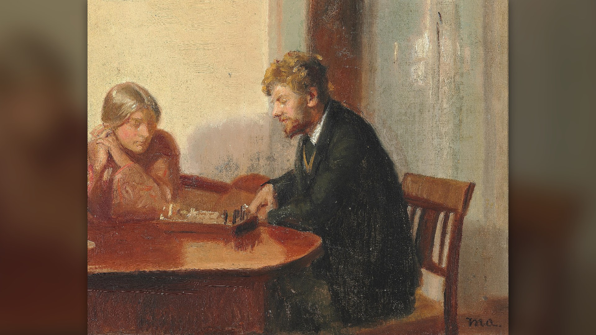 Classic painting by Michael Ancher showing an older man and a younger companion playing a quiet game of chess.