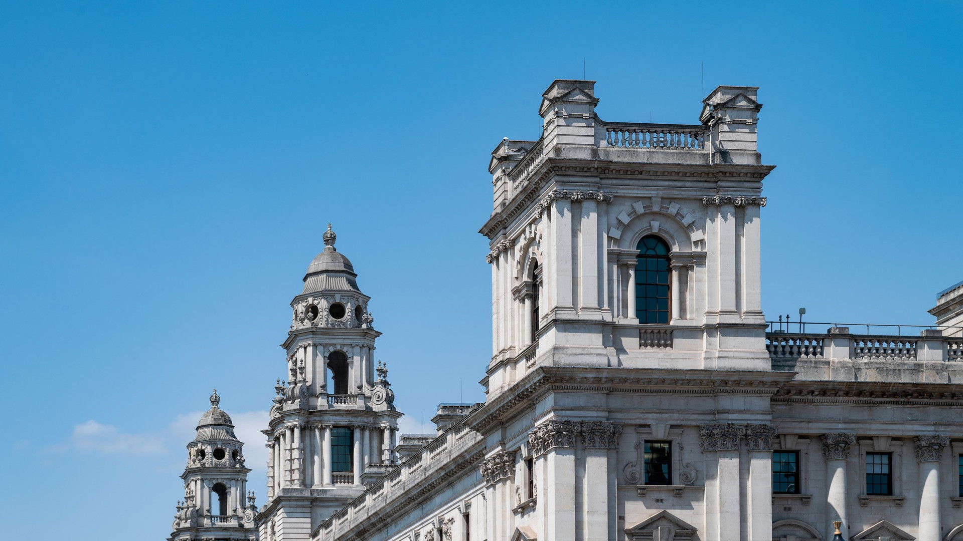 Architectural view of HM Treasury building and government offices in Westminster London.