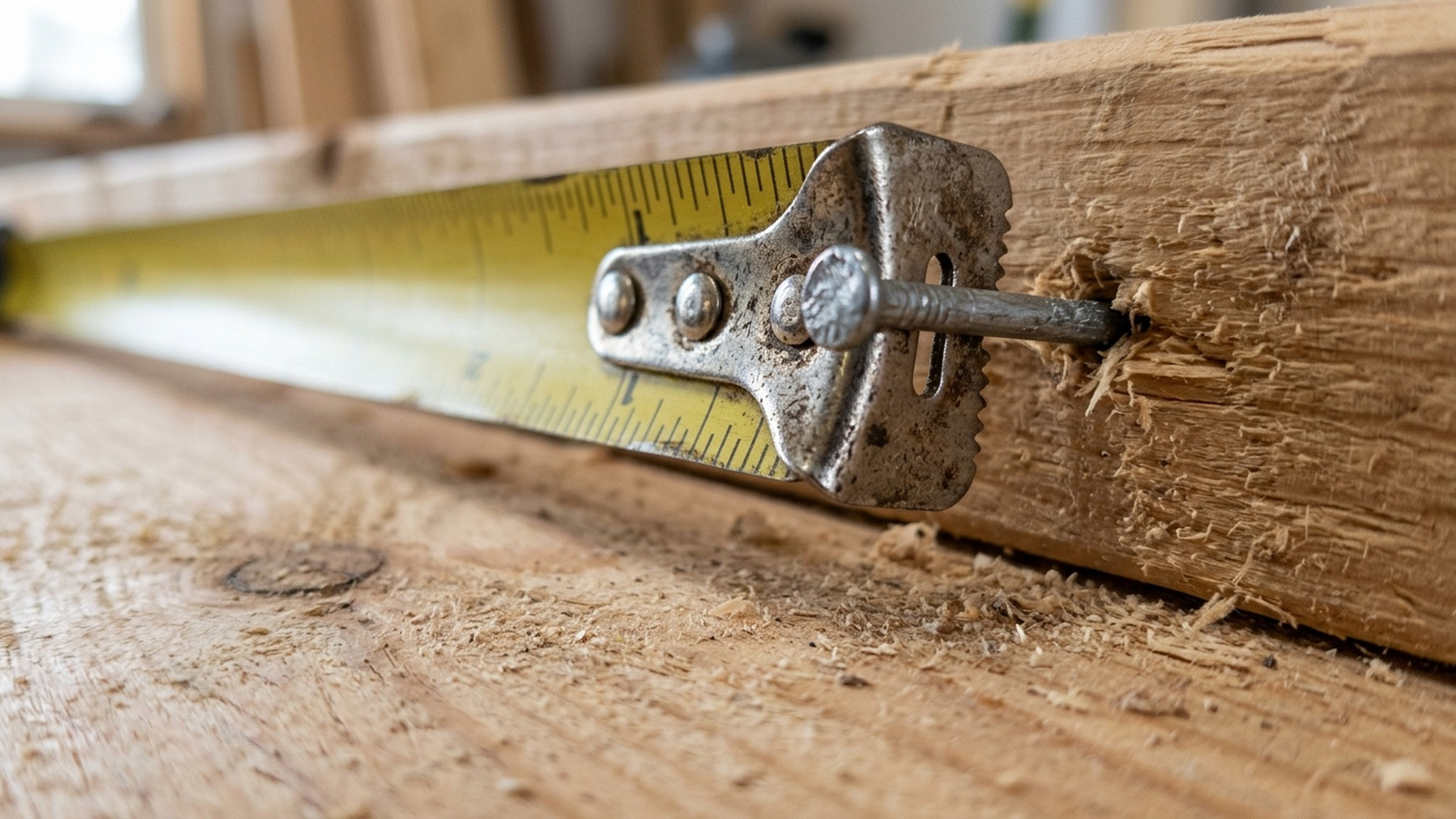 Yellow steel tape measure hook anchored firmly over a nail on a timber joist, showing the slot notch and teeth.