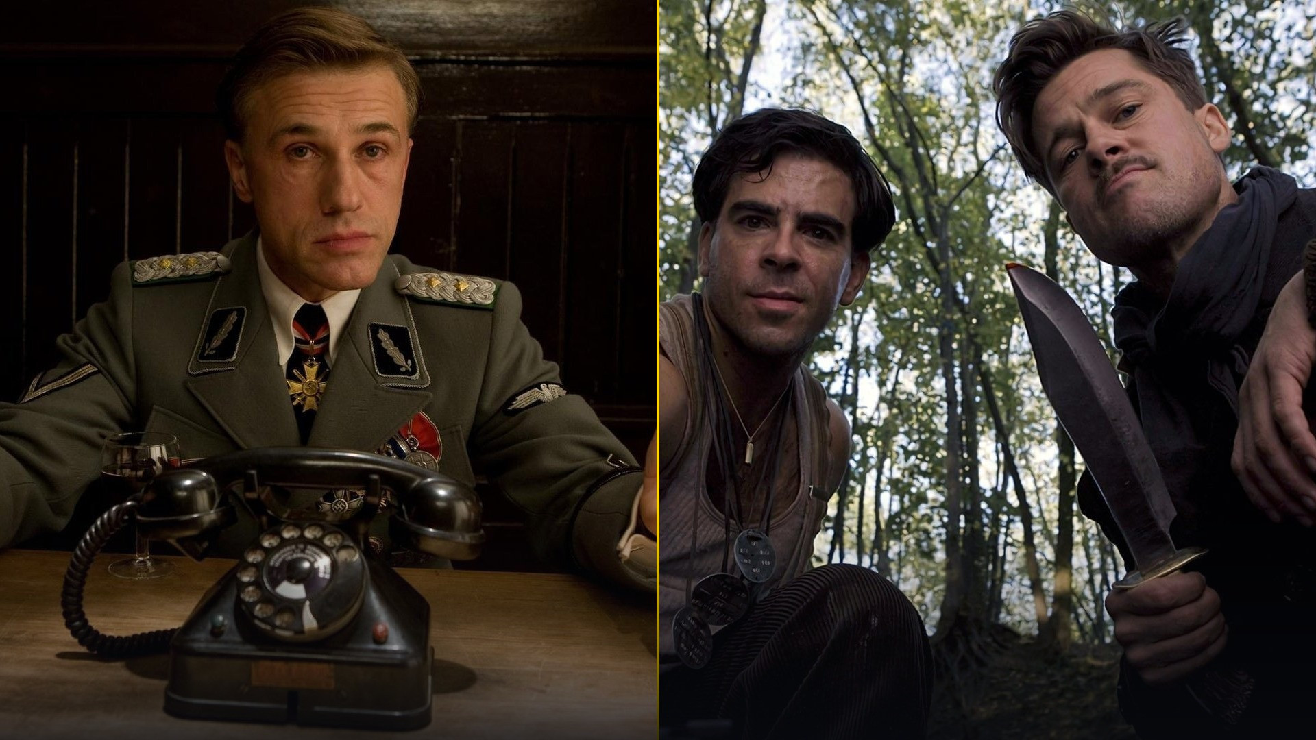 50/50 face-off split featuring Christoph Waltz as Col. Hans Landa at a cafe desk on the left and Brad Pitt as Lt. Aldo Raine holding a hunting knife on the right.