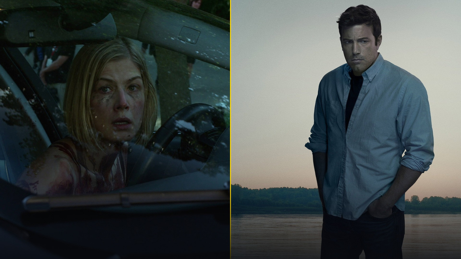 50/50 face-off split featuring Rosamund Pike as Amy Dunne staring from inside a car on the left and Ben Affleck as Nick Dunne standing by the river on the right.