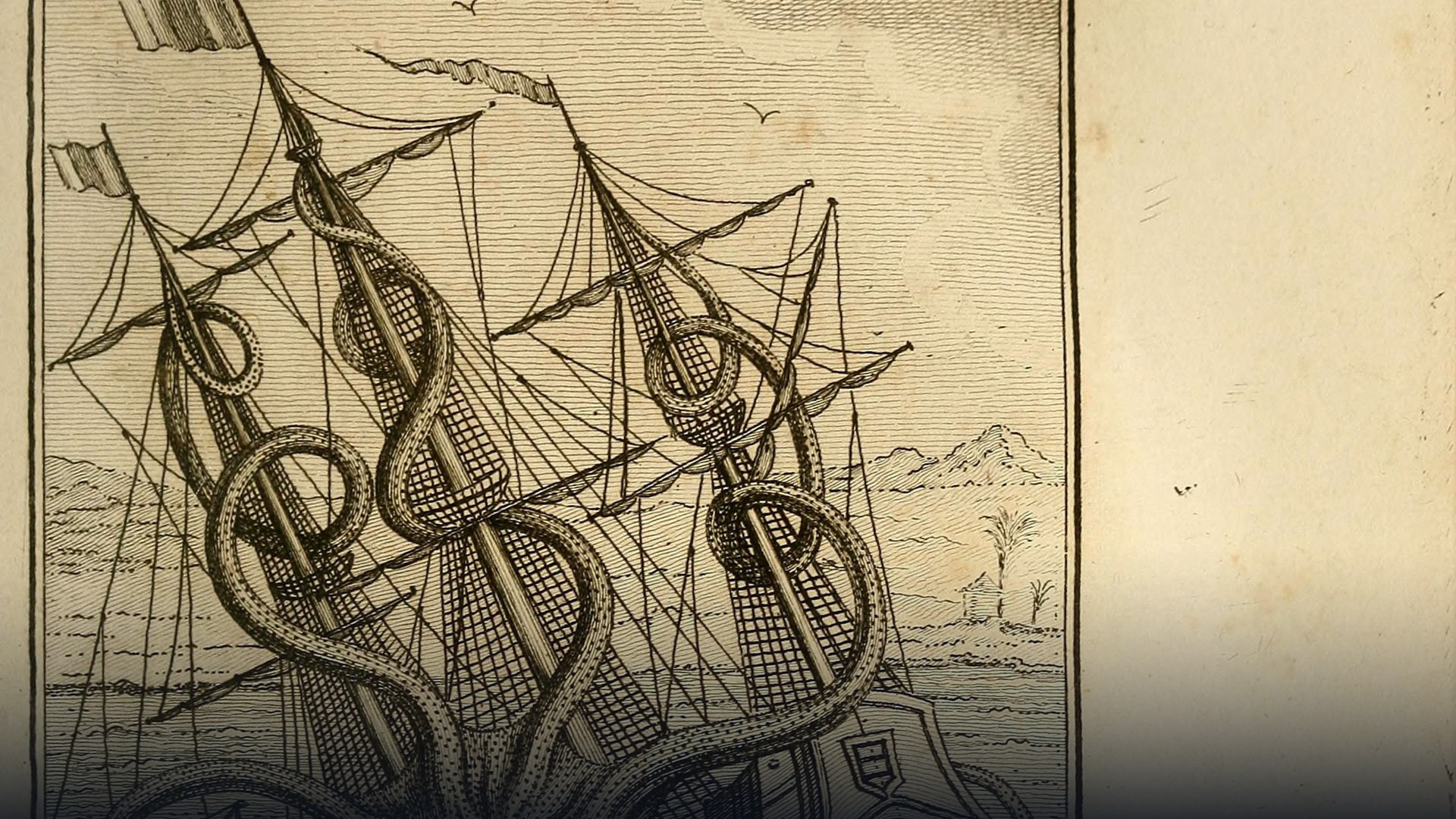 Historical 1801 Pierre Denys de Montfort masterpiece engraving of the colossal multi-tentacled Kraken attacking a sailing ship.