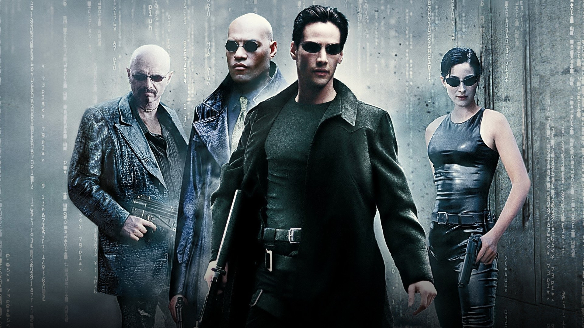 Neo leans backward in slow motion dodging a streak of bullets on a skyscraper rooftop in The Matrix.