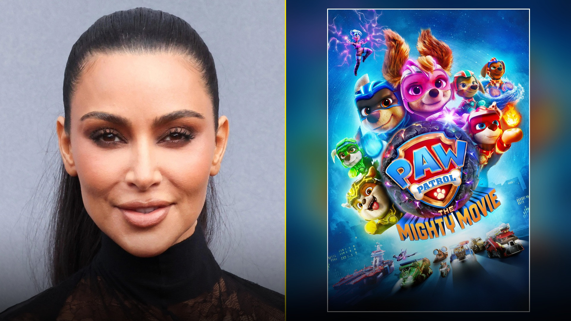Split slide showing an elegant Kim Kardashian portrait on the left and the official PAW Patrol The Mighty Movie superhero poster on the right.