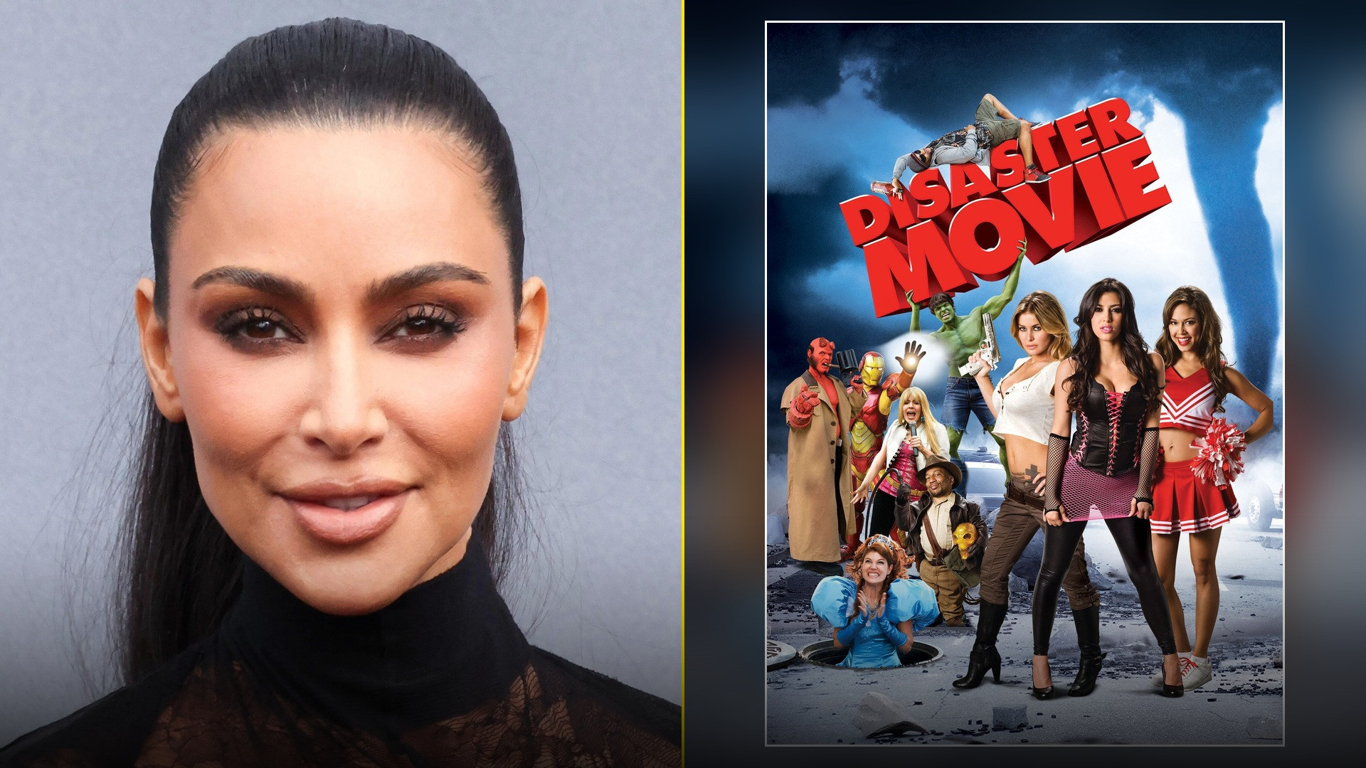 Split slide showing a glamorous Kim Kardashian studio portrait on the left and the official Disaster Movie theatrical poster on the right.