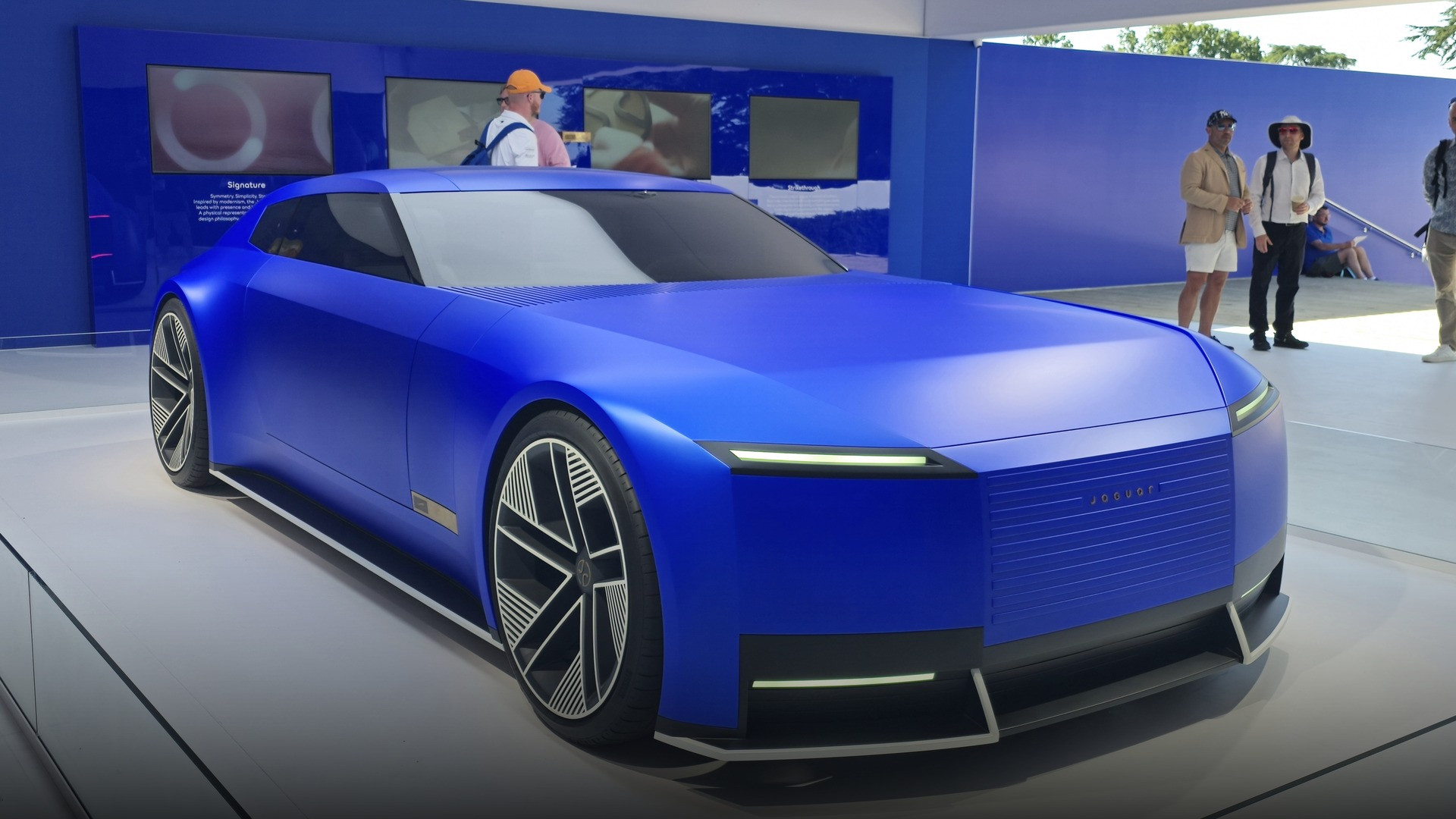 Hero three-quarter front view of the Jaguar Type 00 concept finished in satin London Blue.