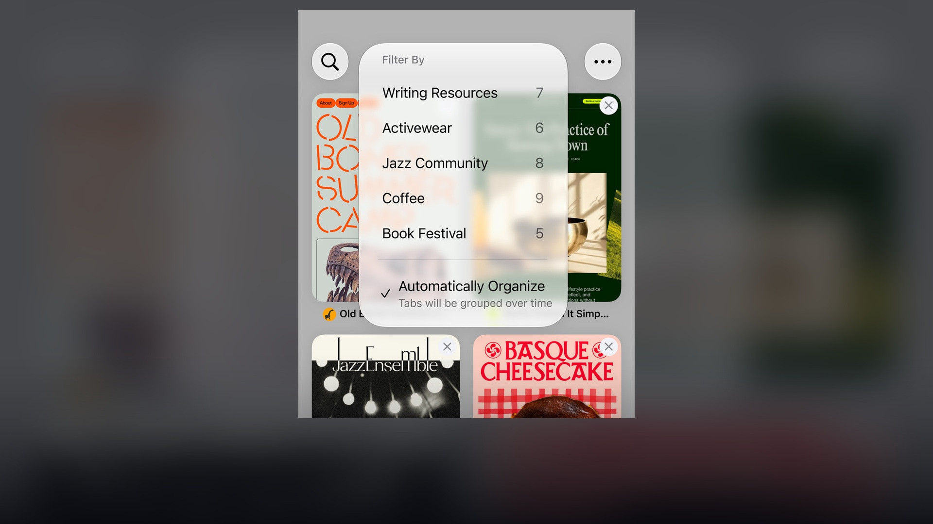 Safari browser on iPhone showing automatic topic tab grouping and notifications.