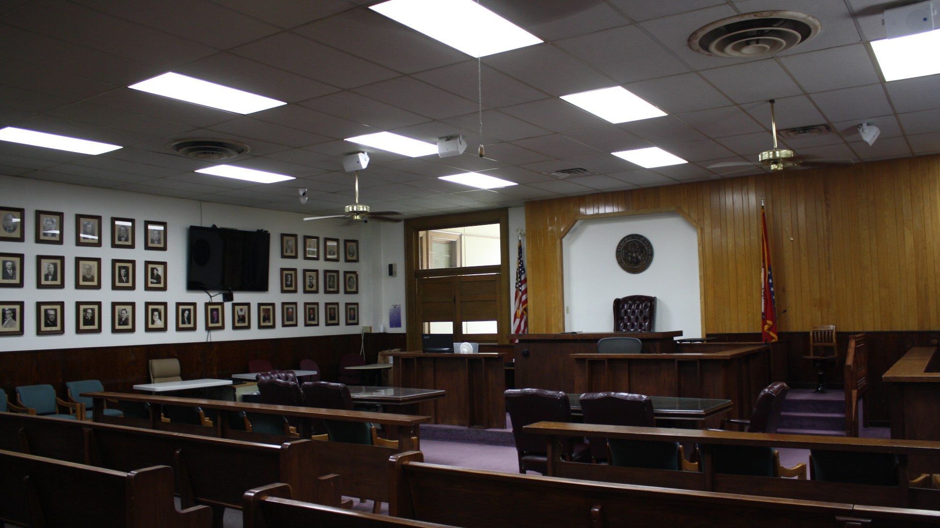 Traditional American courtroom and jury benches
