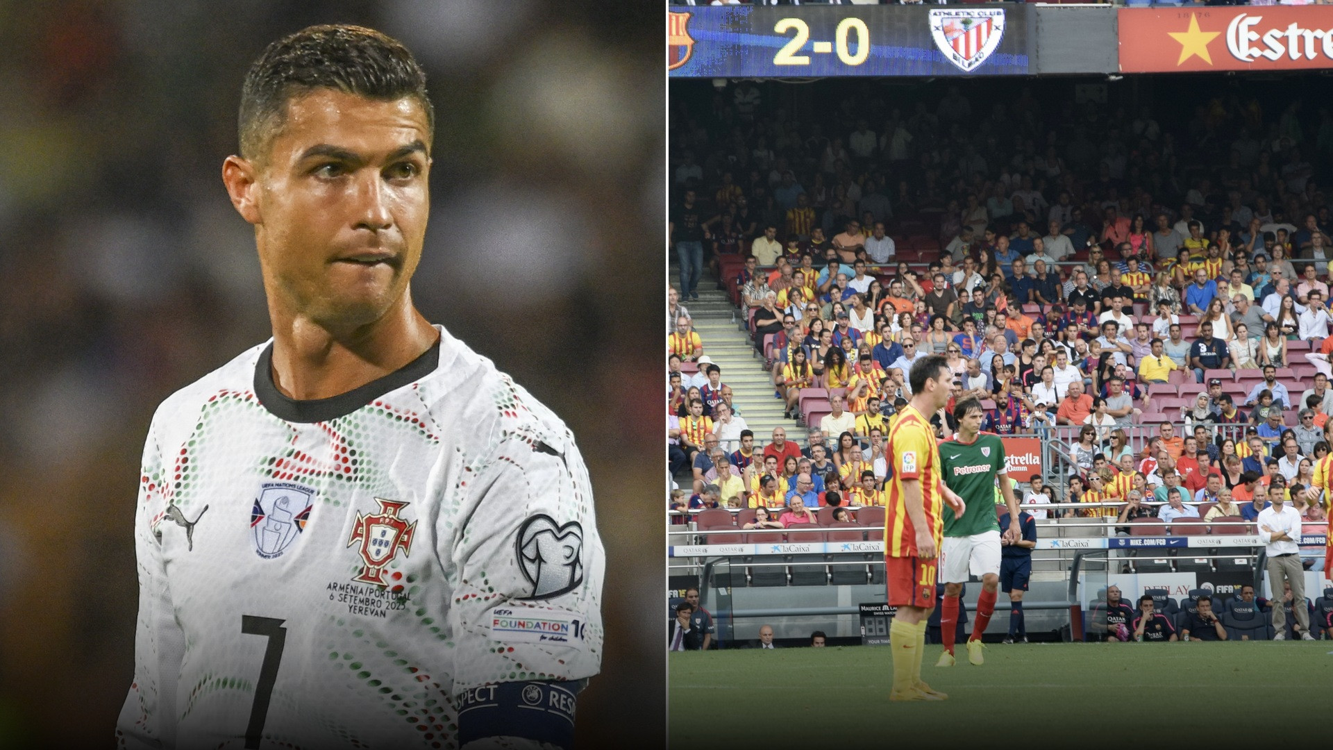 Split screen showing Cristiano Ronaldo wearing number 7 on the left and Lionel Messi wearing number 10 on the right.