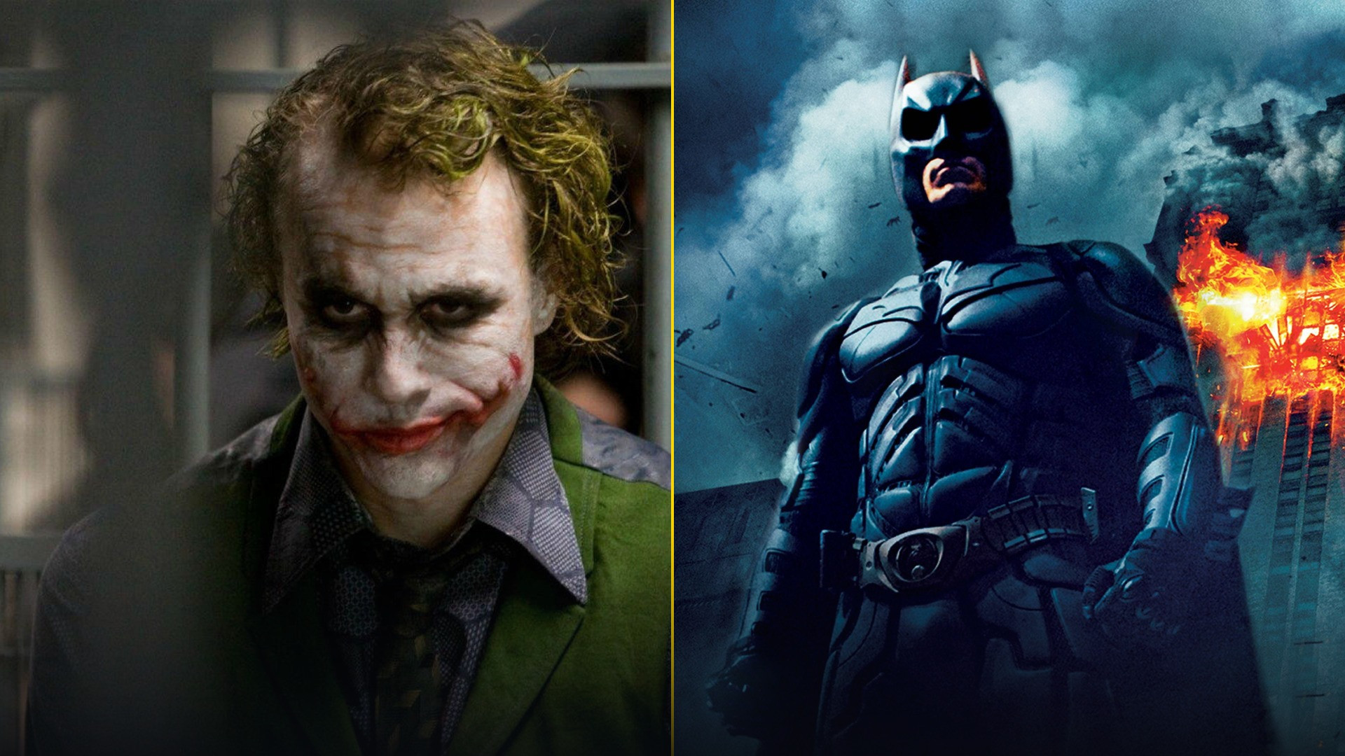 50/50 face-off split featuring Heath Ledger as the Joker in a GCPD interrogation room on the left and Christian Bale as Batman standing tall in Gotham on the right.
