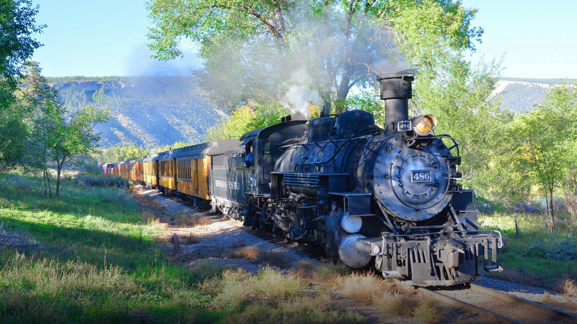 Historic black steam locomotive pulling bright yellow coaches through the Animas River Canyon in Colorado