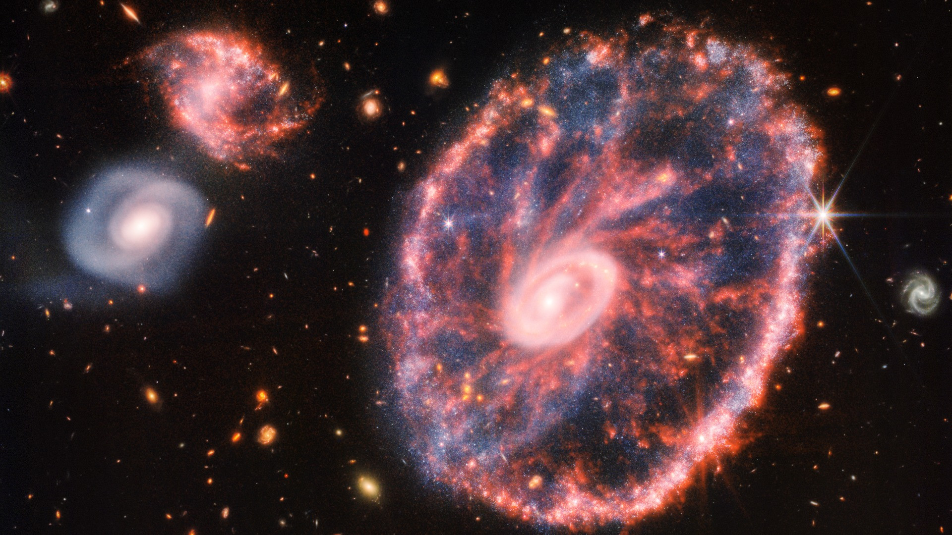 High-resolution NIRCam and MIRI infrared view of the Cartwheel Galaxy and companion starbursts.