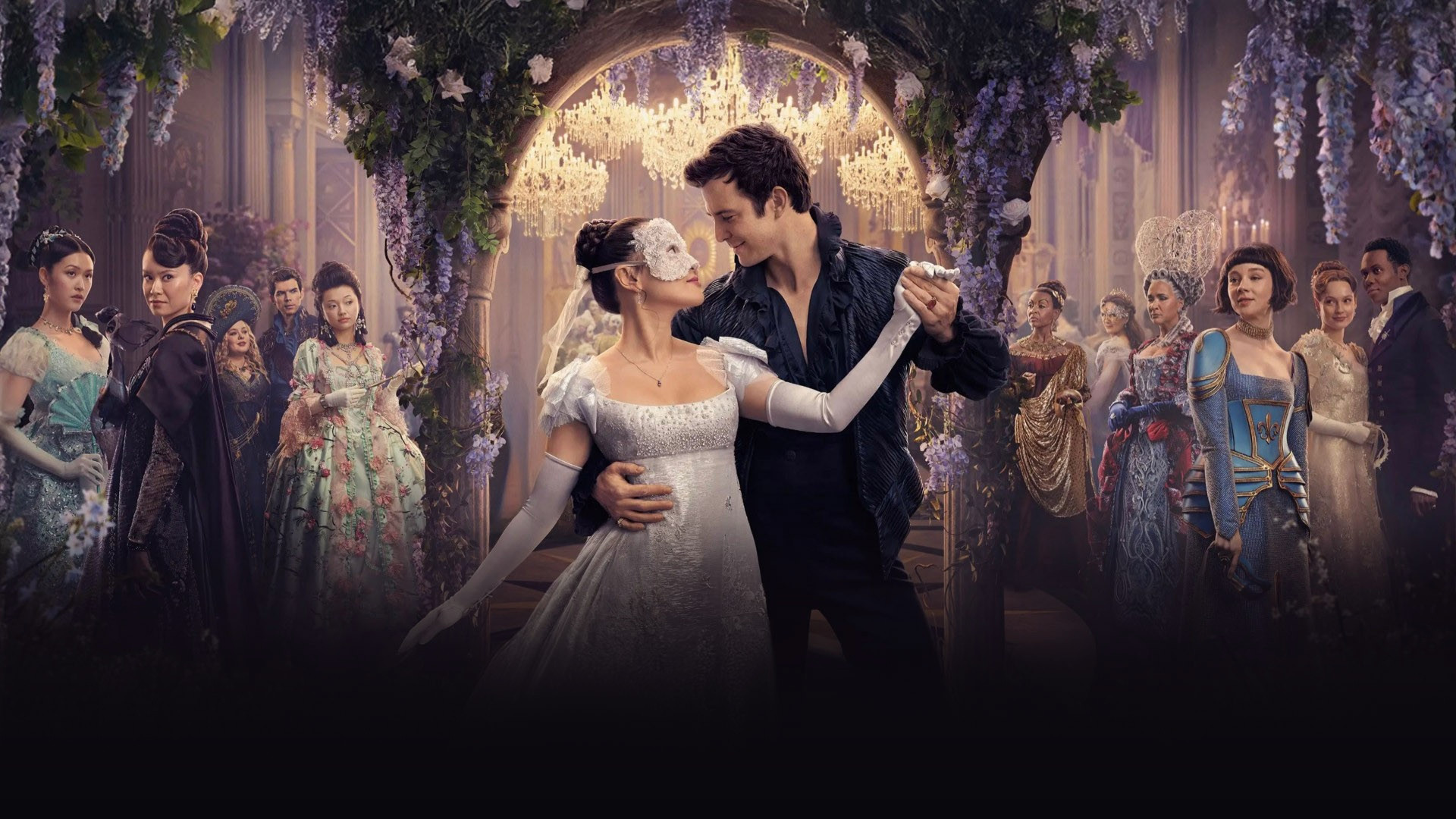 Benedict Bridgerton and Sophie Baek dancing intimately at a lavish Regency masquerade ball under crystal chandeliers.