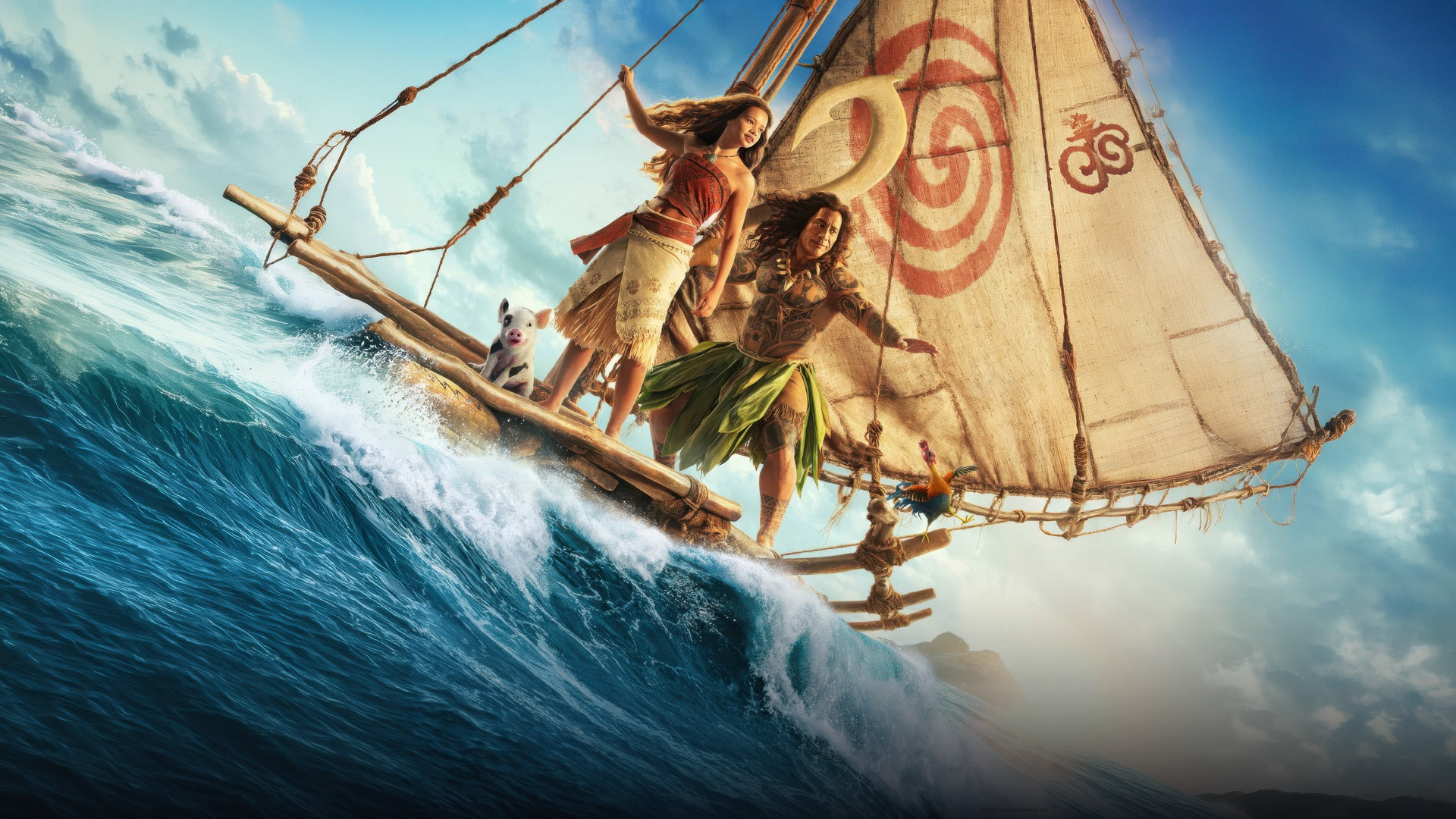 Catherine Laga'aia as Moana sailing across vibrant blue ocean waters on a traditional Polynesian voyaging canoe.