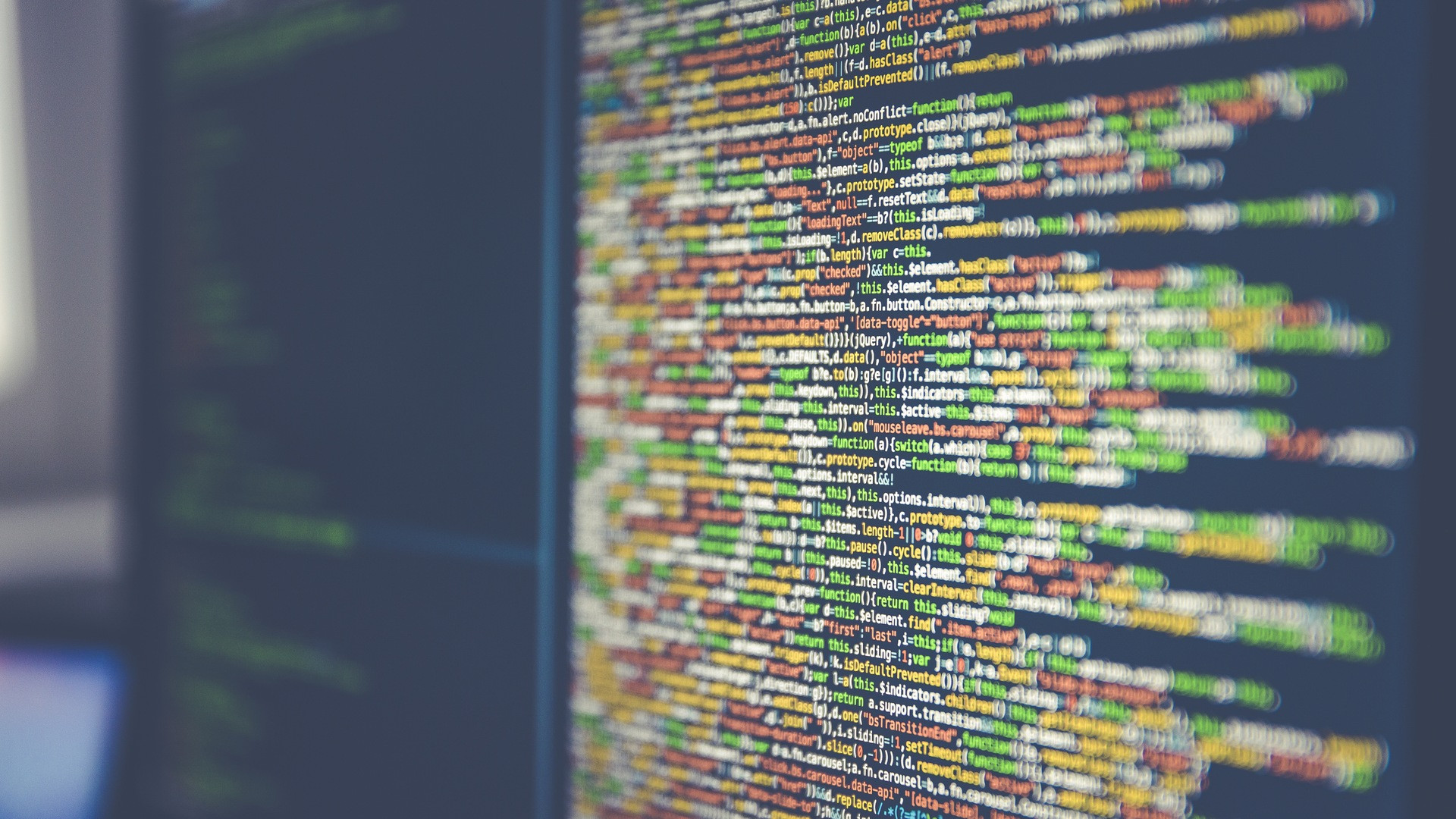 Software developer multi-monitor coding setup showing algorithm script and neural weights.