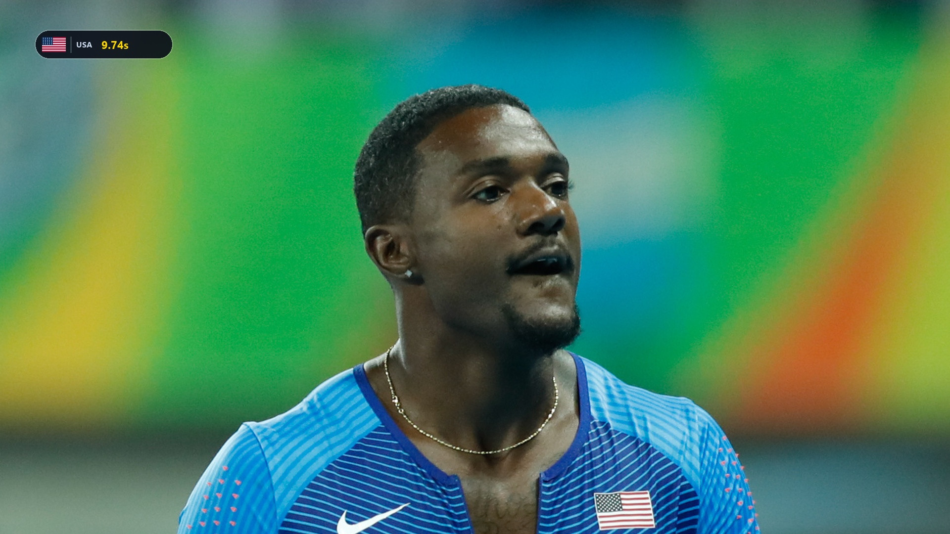 Justin Gatlin focused in his USA team jersey.