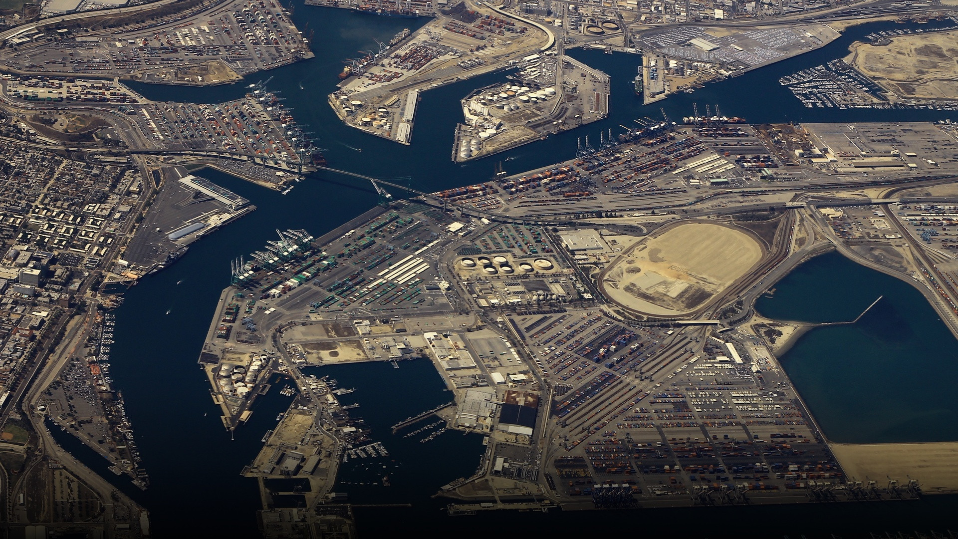 Container ships and cranes at the Port of Long Beach in California.