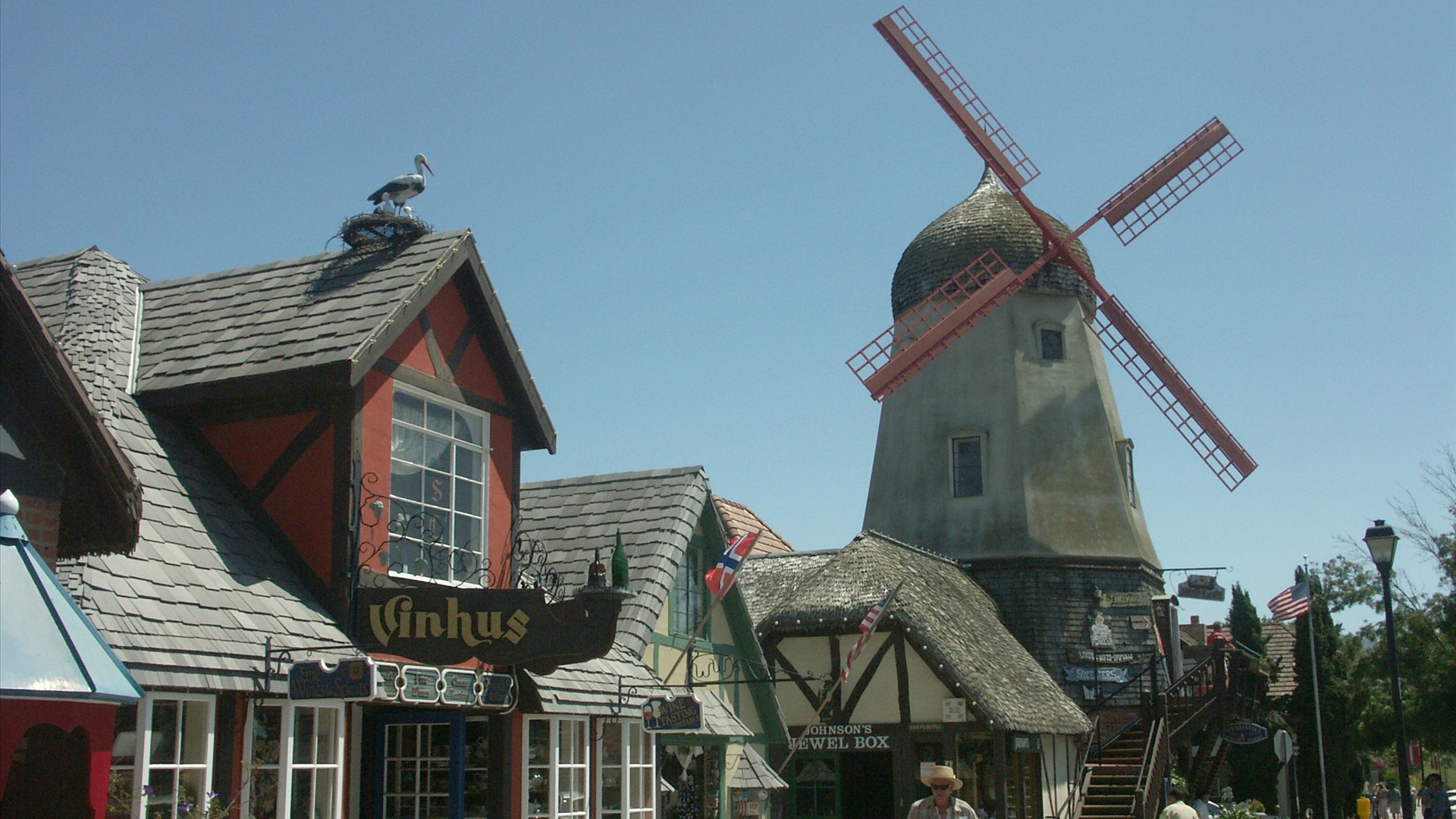 Traditional Danish windmill and half-timbered architecture in Solvang, California