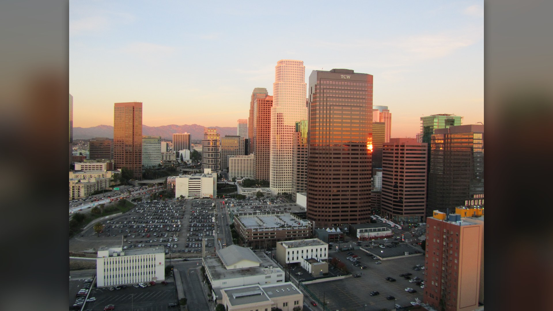 Skyline of Downtown Los Angeles financial and commercial district.