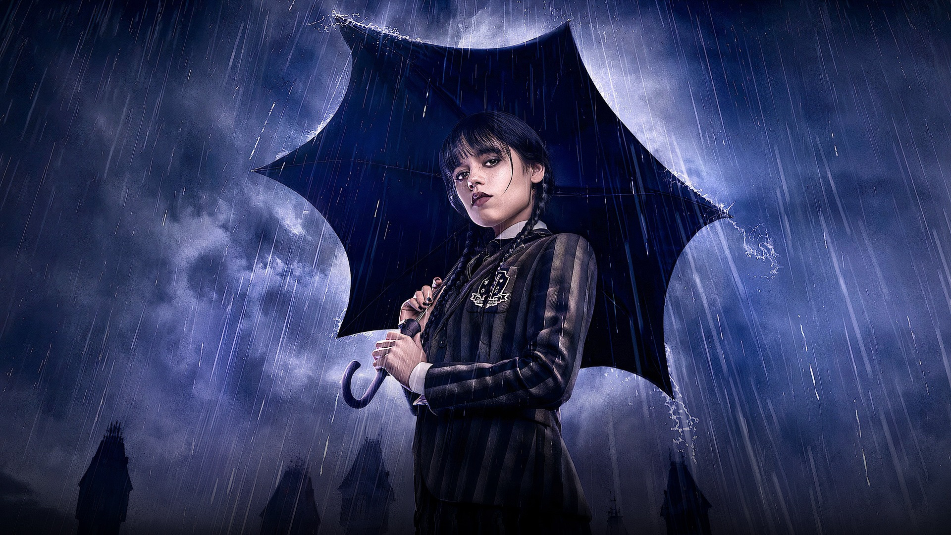 Wednesday Addams staring icily ahead in her black Nevermore uniform beside Thing.