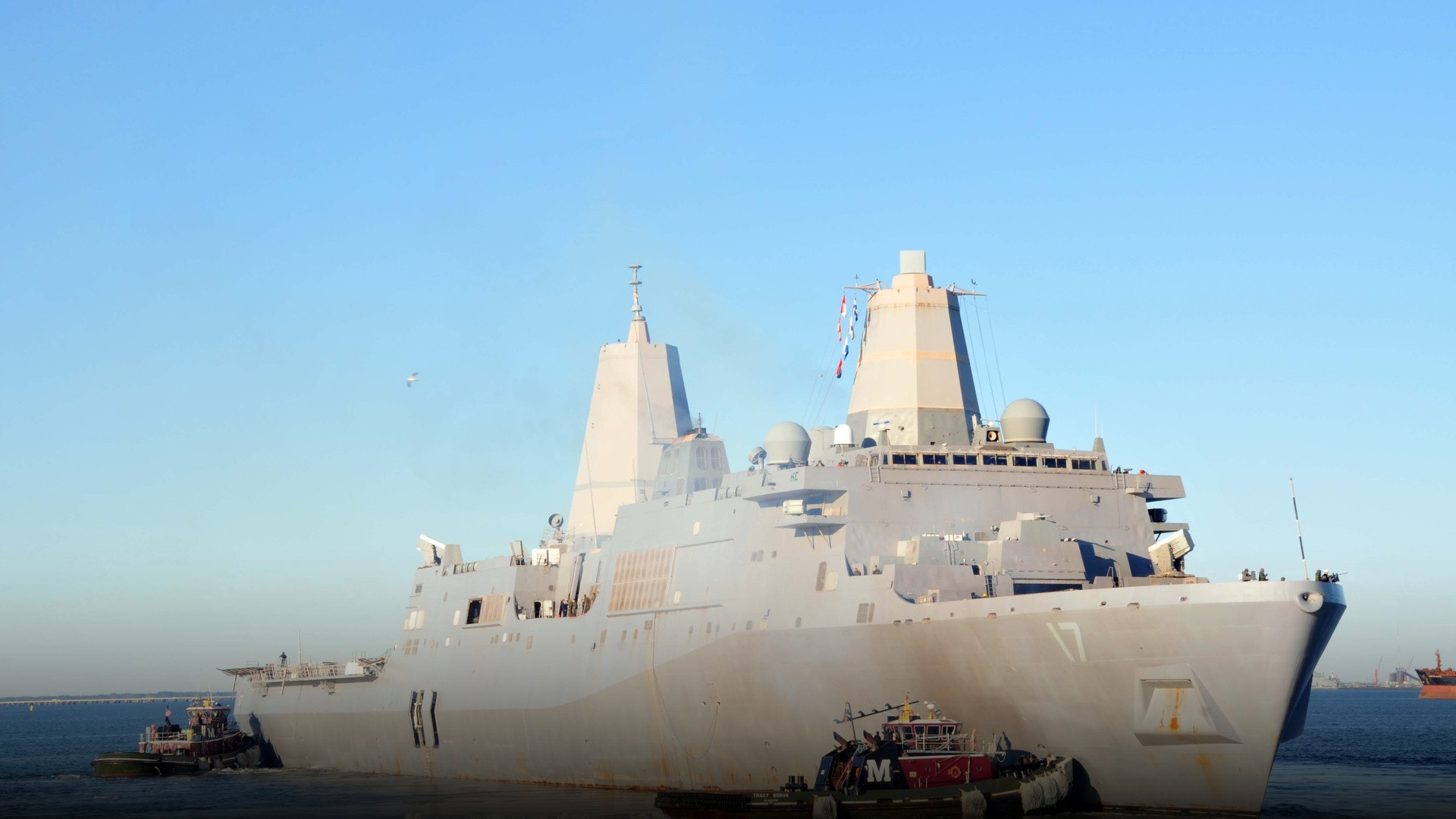 Amphibious transport dock ship USS San Antonio LPD-17 underway in daylight in support of exercise Bold Alligator.